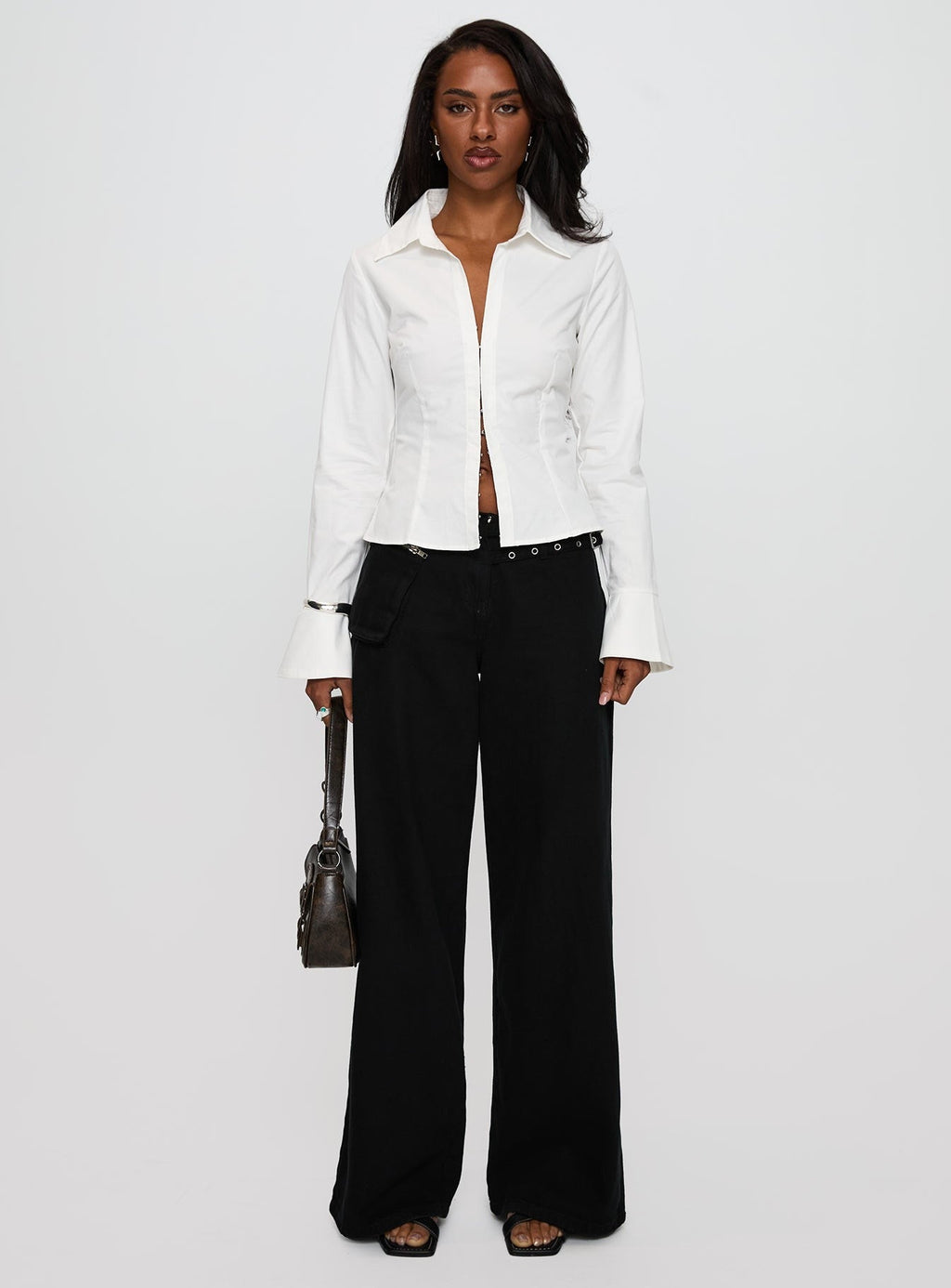 By The Phone Long Sleeve Collared Top White