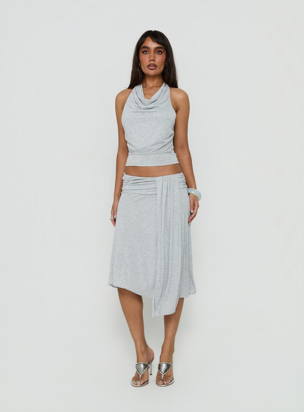 Adreana Halter Jersey Top Grey Marle