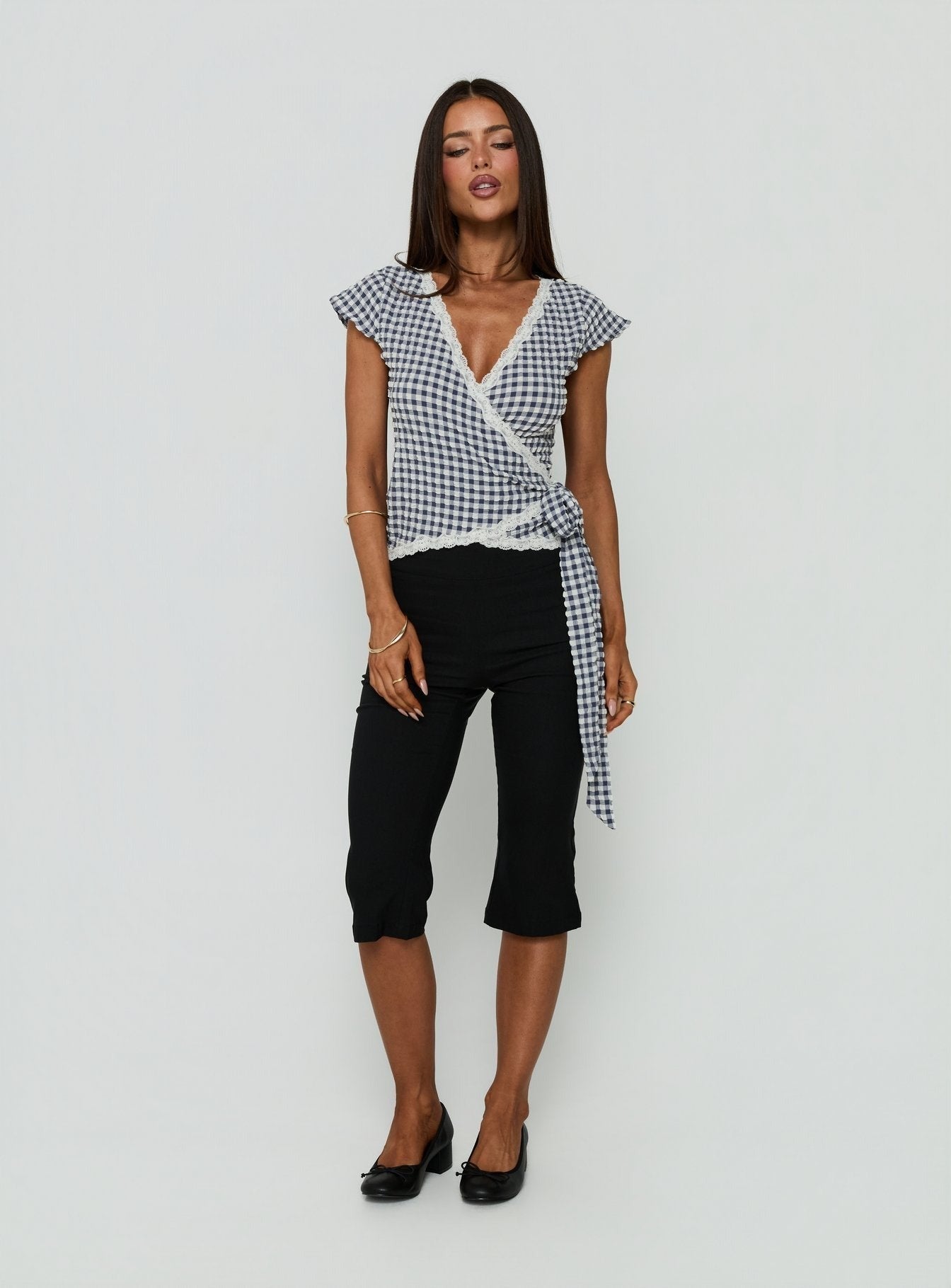 Meltwater Lace Trim Wrap Detail Top Navy Check