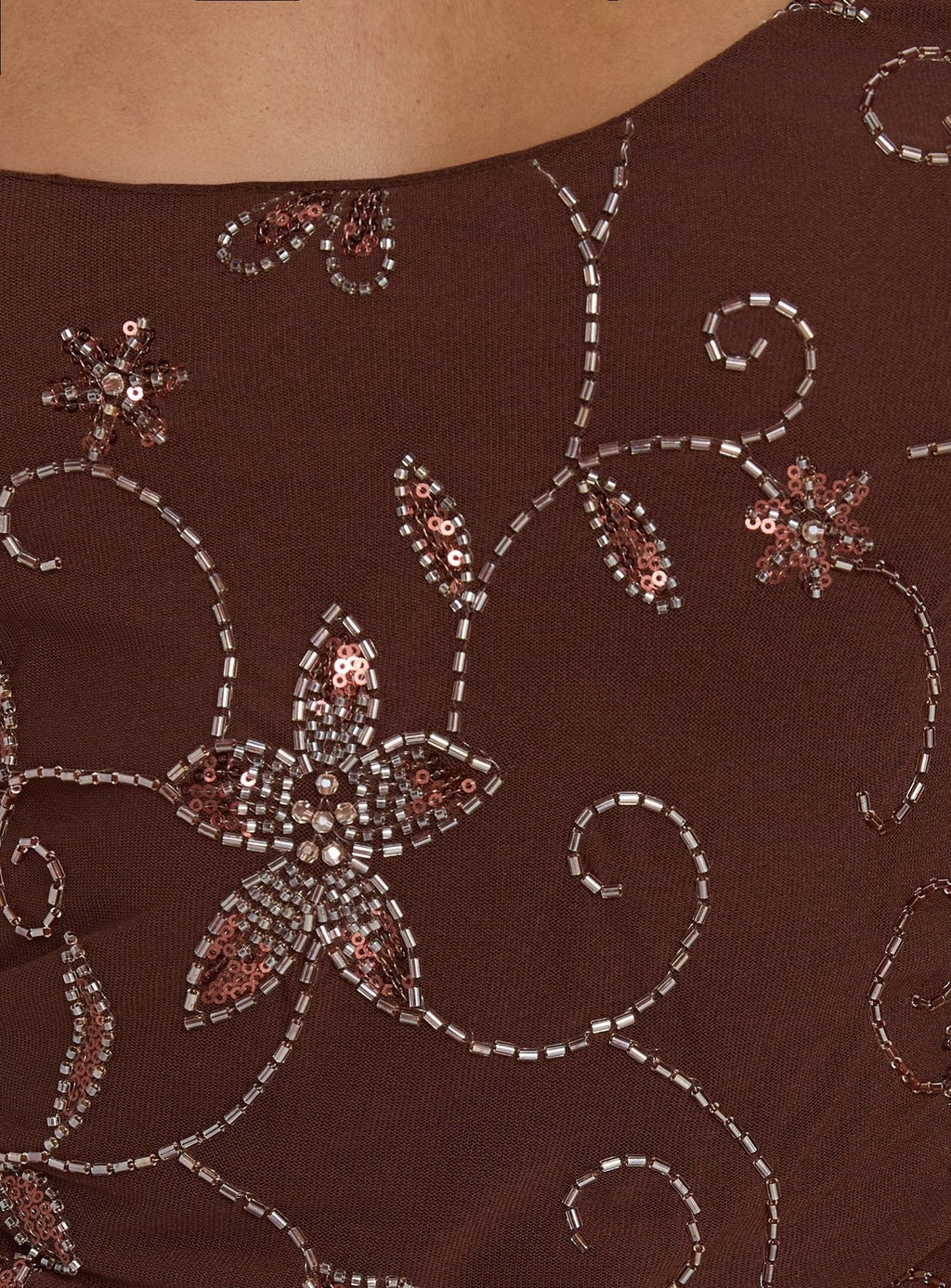 Leocadia Scoop Neck Bead Detail Top Chocolate