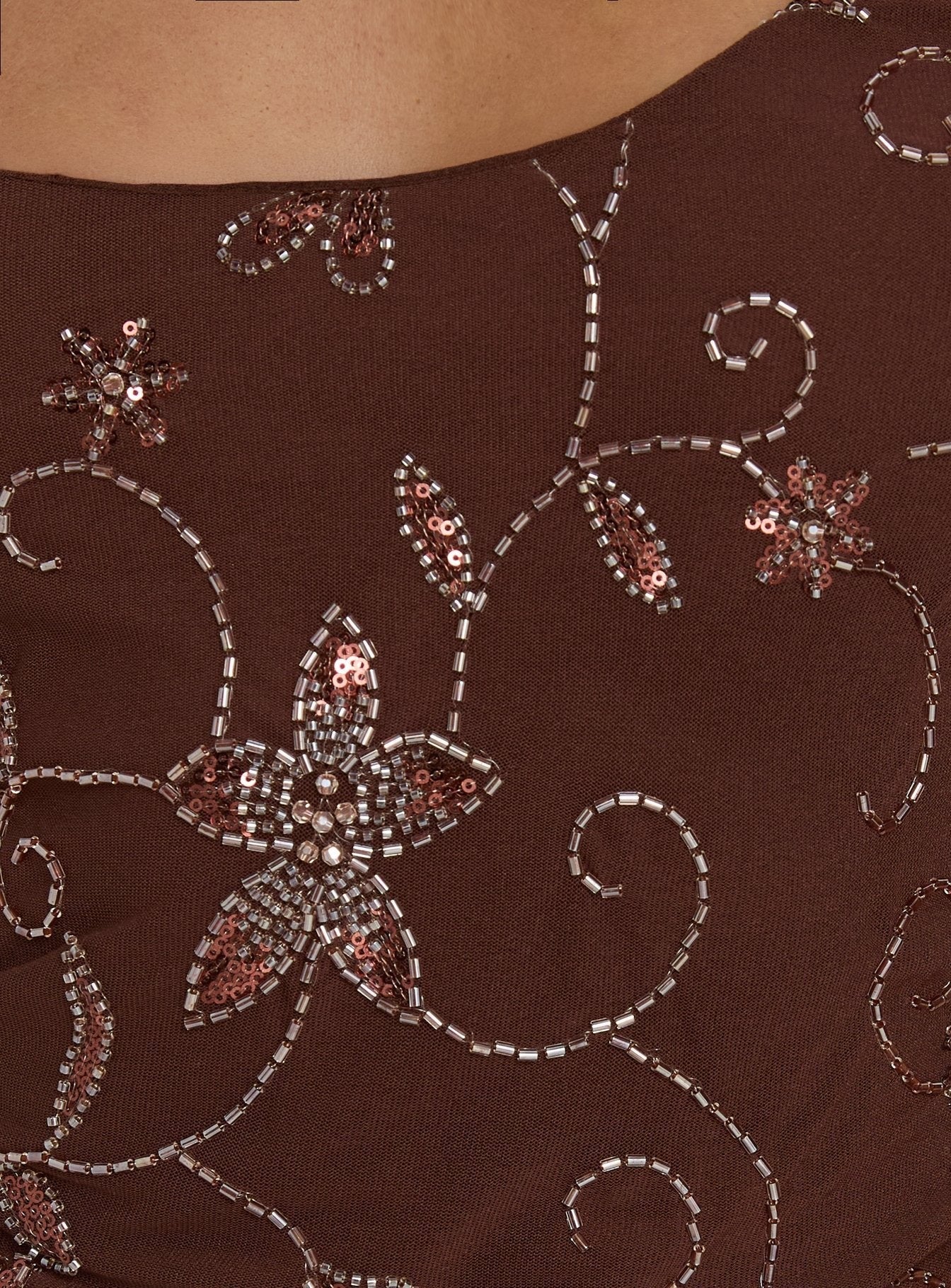 Leocadia Scoop Neck Bead Detail Top Chocolate