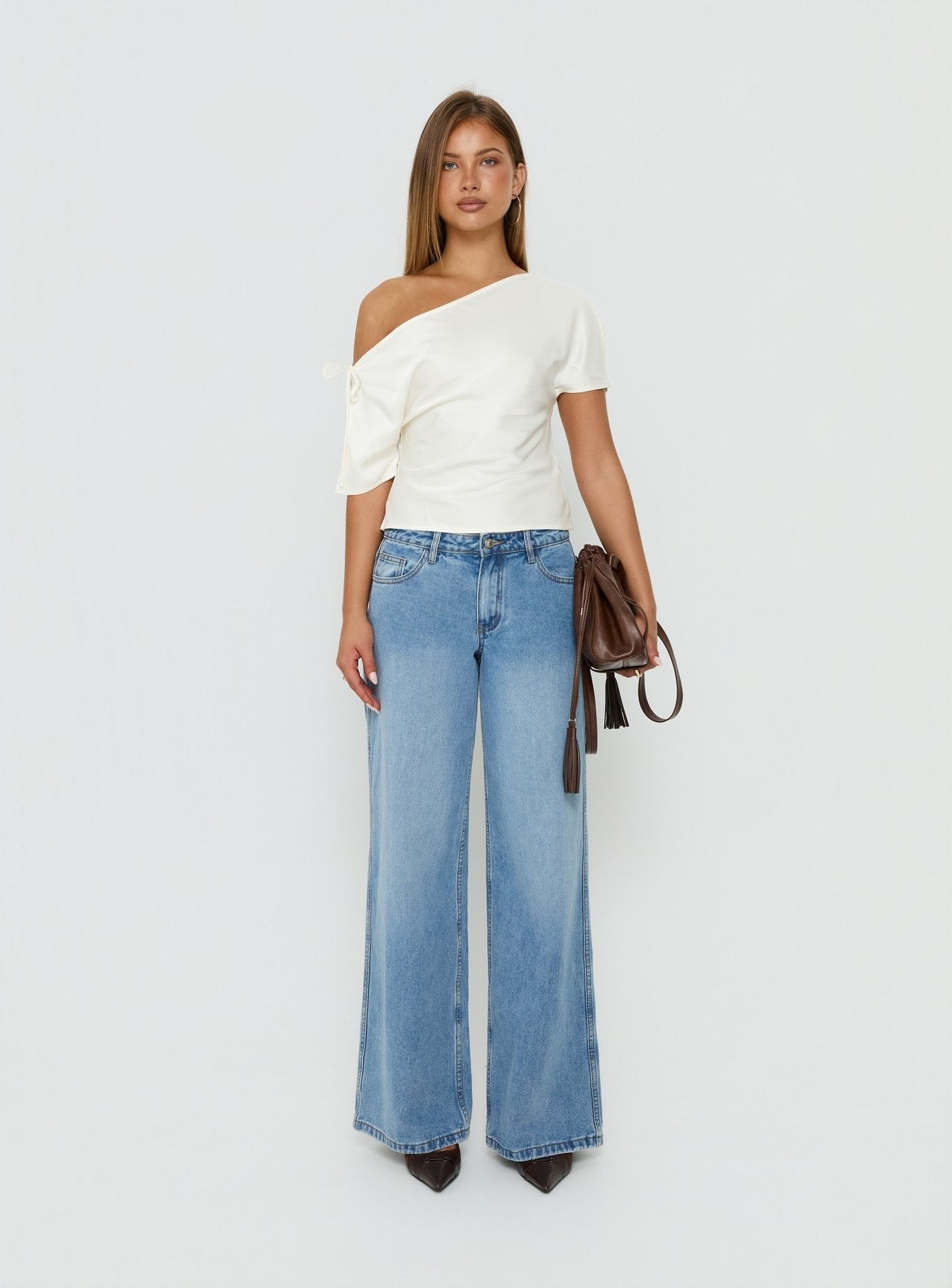 Faisa Off Shoulder Satin Top Cream