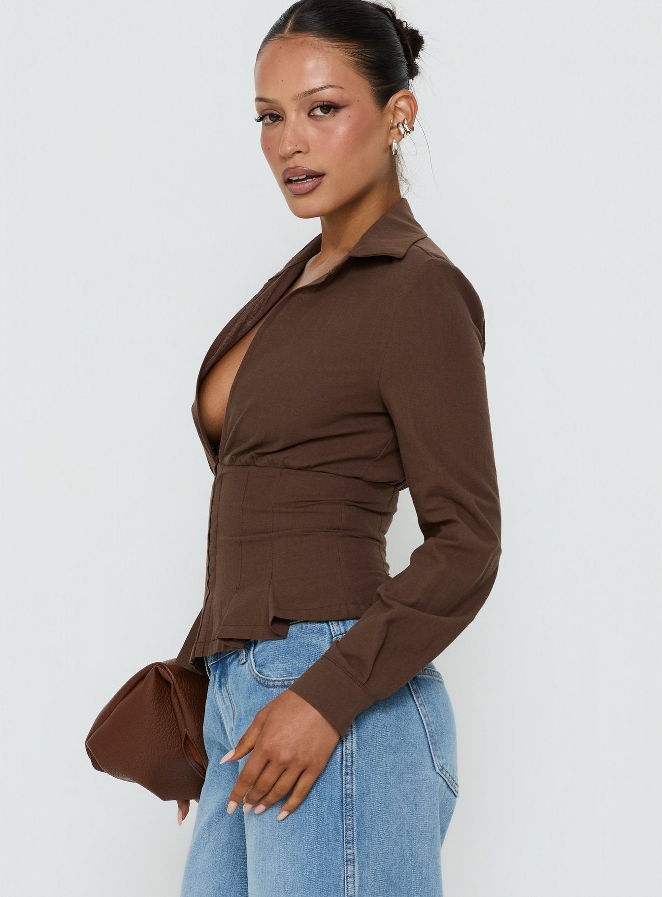 Kiyra Cinched Long Sleeve Shirt Brown
