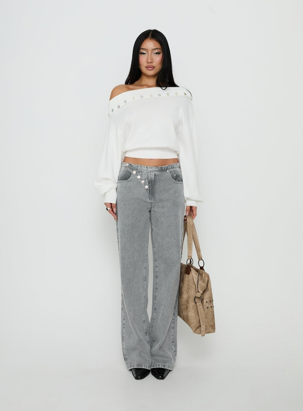 Kloud Off Shoulder Foldover Sweater White