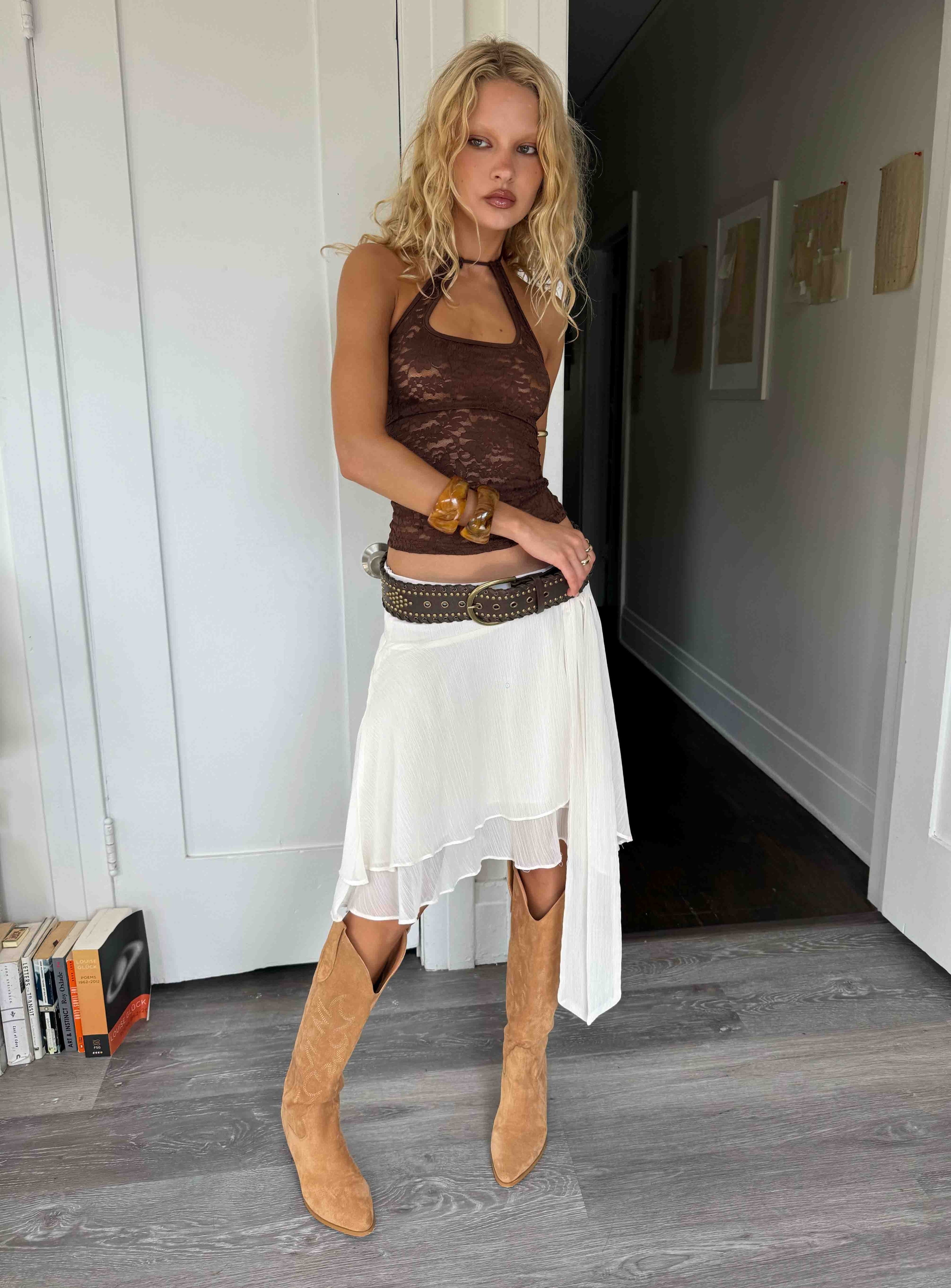 Ophella Tie Waist Chiffon Midi Skirt Cream