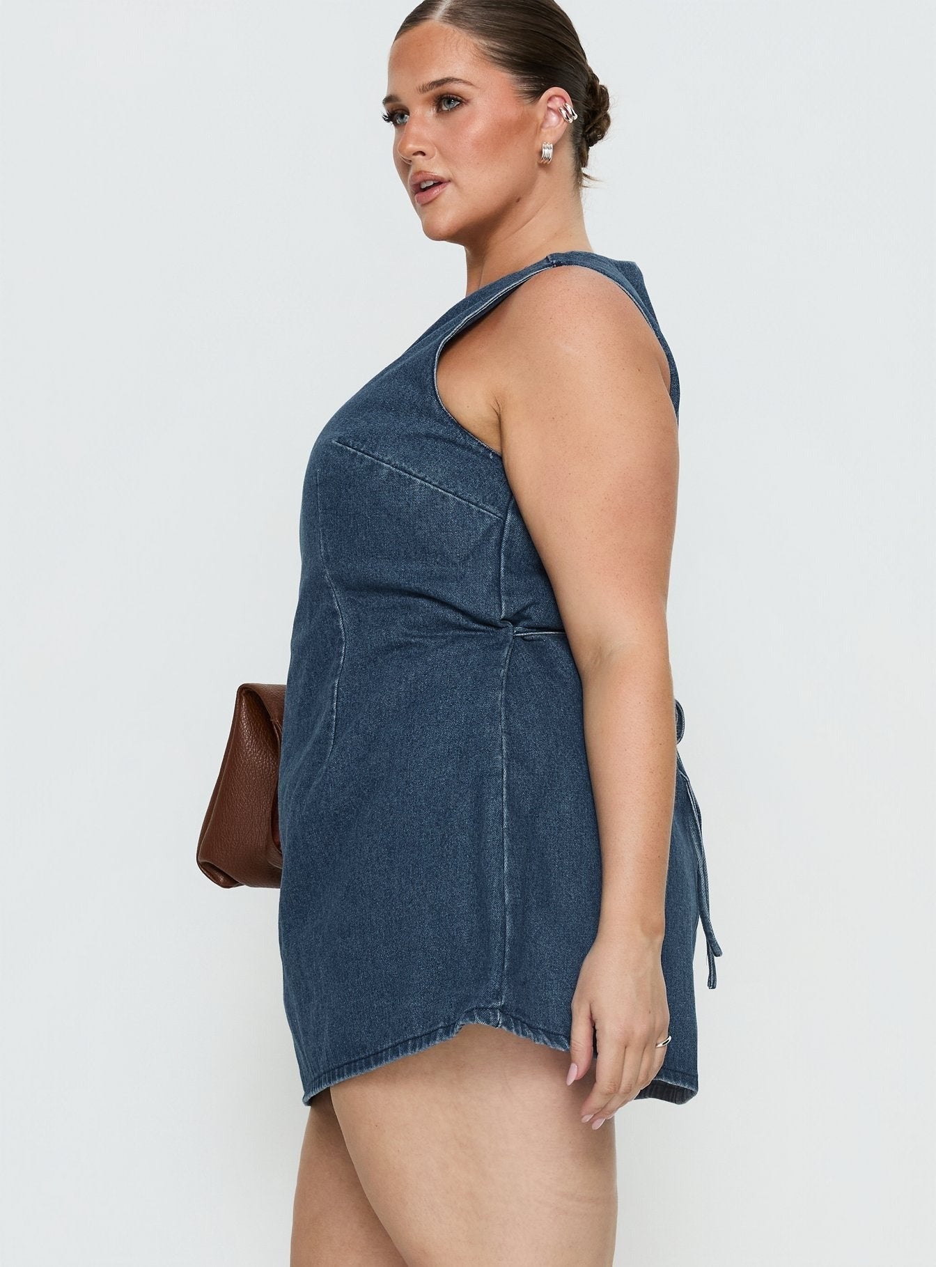Ainsleigh Shift Denim Romper Mid Blue Wash Curve