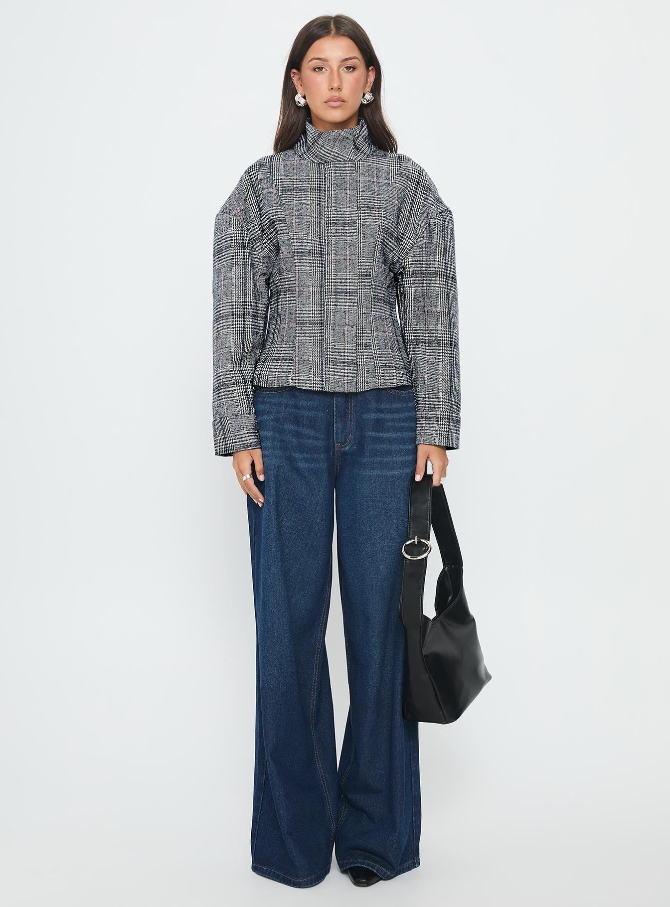 Cathrine Cinched High Neck Jacket Grey Plaid