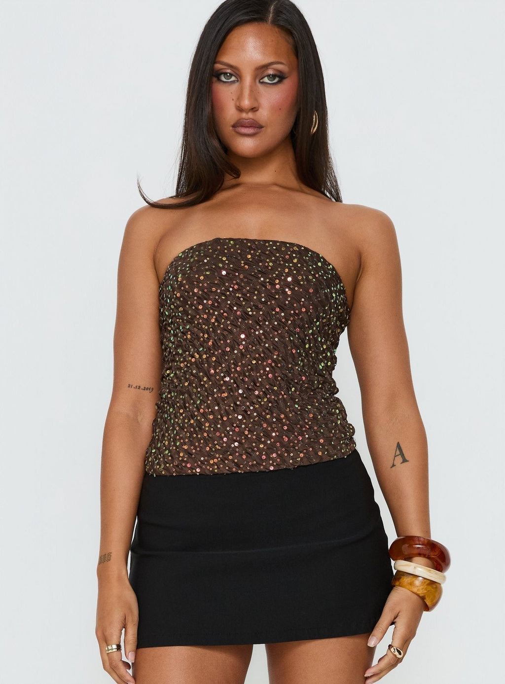 Zohara Sequin Strapless Top Brown