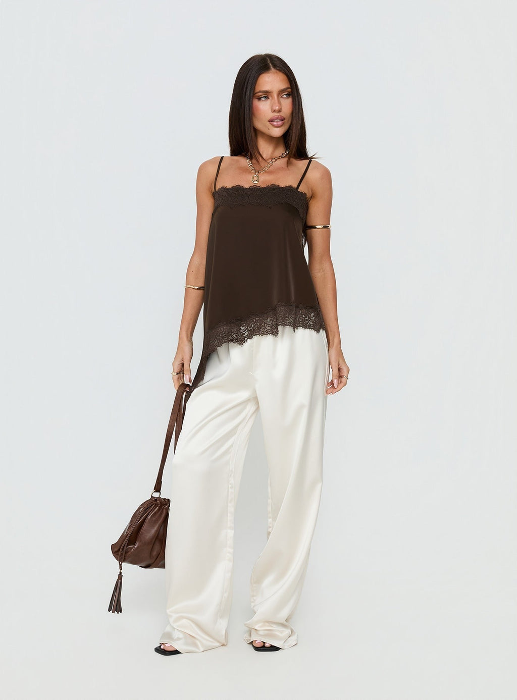 Daesa Longline Lace Top Brown
