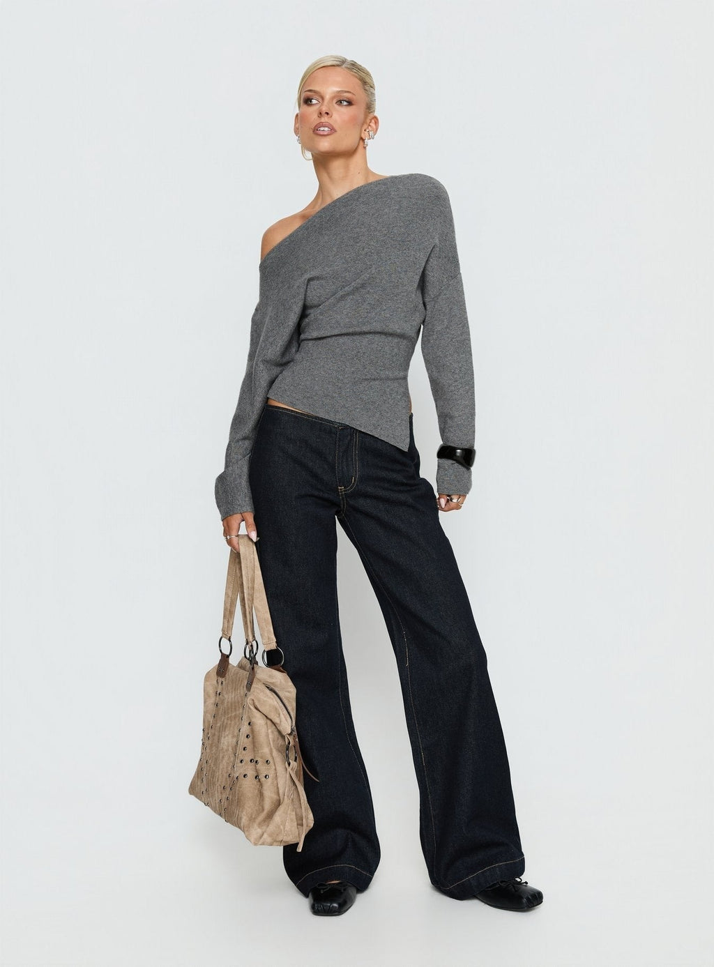 Kaelith Off shoulder Knit Sweater Dark Grey