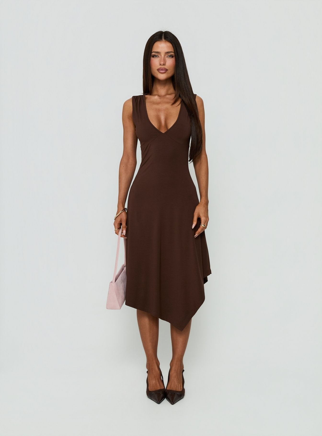 Louisia V Neck Hanky Hem Midi Dress Brown