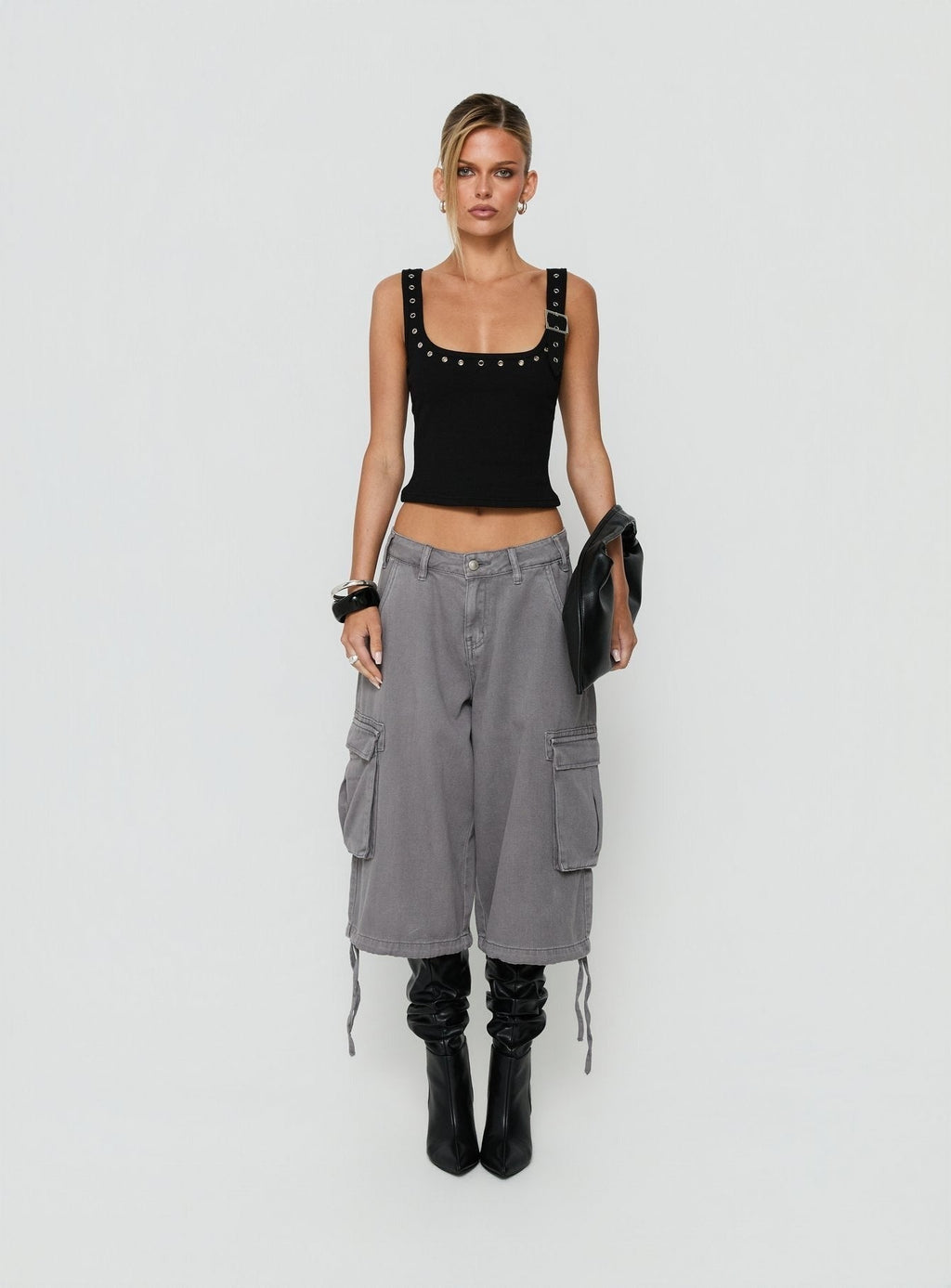 Aylani Buckle Eyelet Tank Top Black