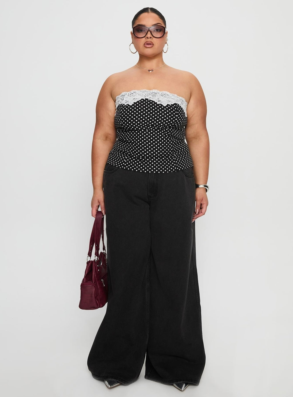 Ettore Lace Trim Strapless Top Black Polka Curve