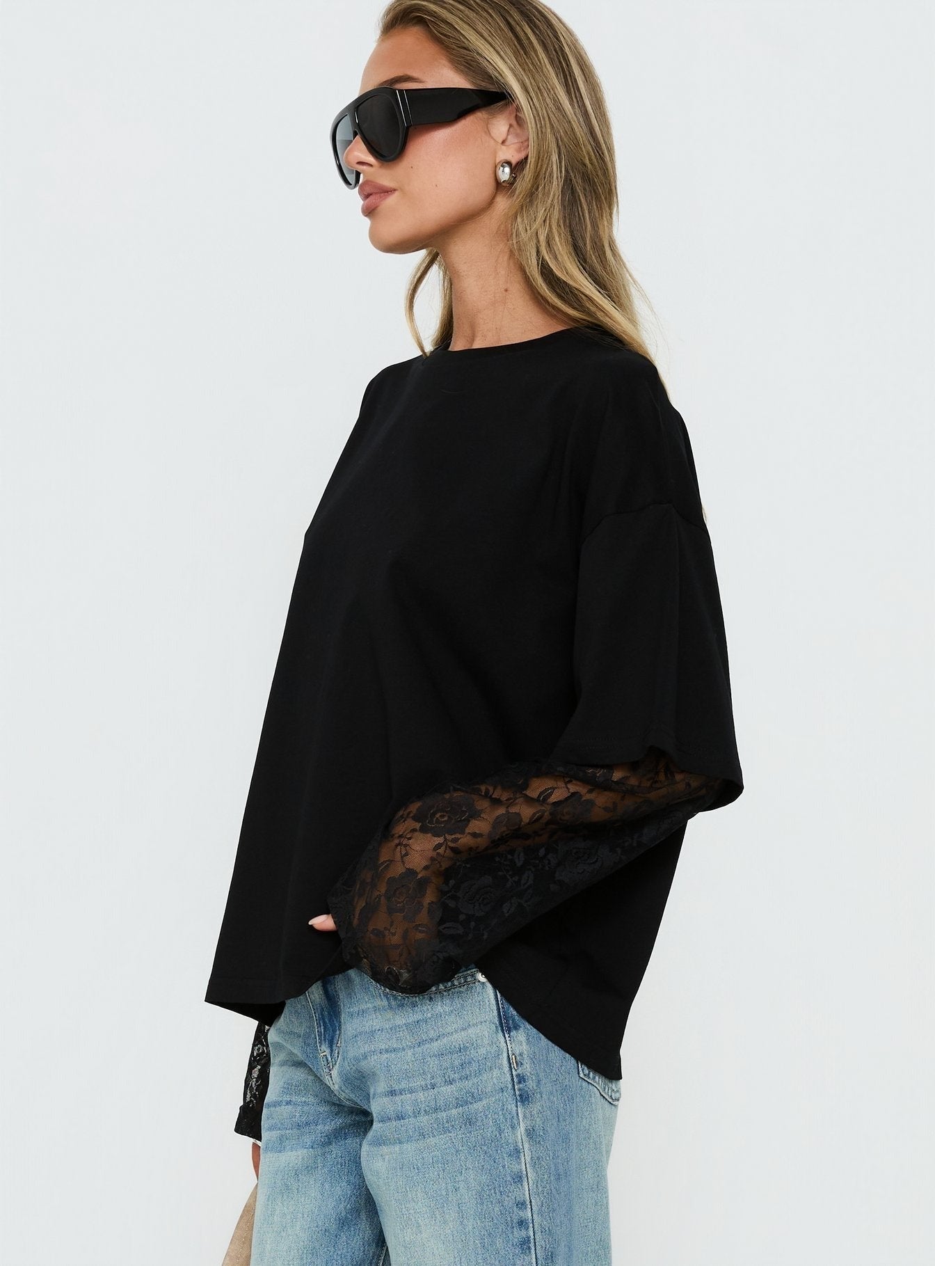 Valenciah Lace Layered Long Sleeve T-Shirt Black