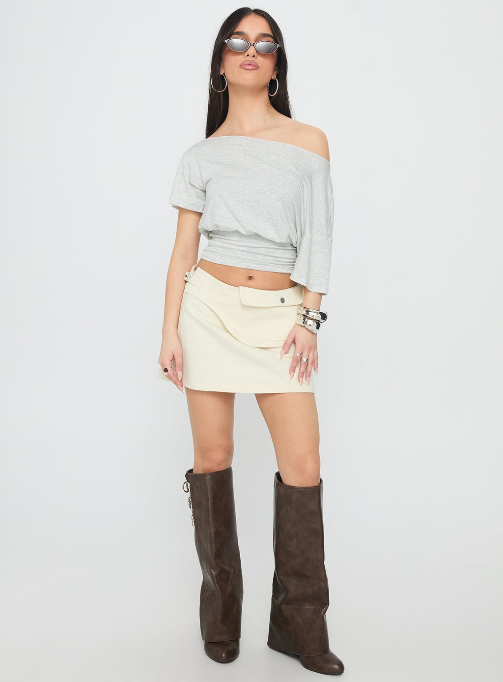 Supersonic Belted Denim Mini Skirt Ivory