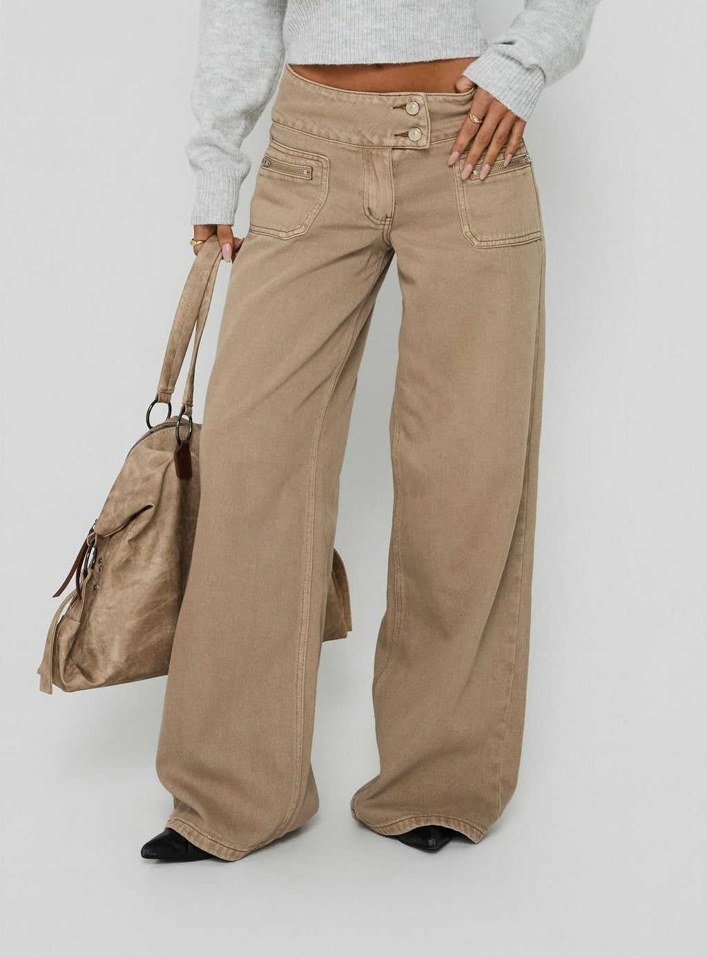 Unwritten Mid Rise Wide Leg Jeans Washed Brown