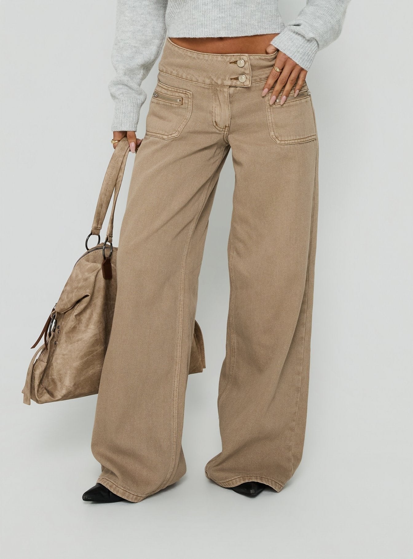 Unwritten Mid Rise Wide Leg Jeans Washed Brown