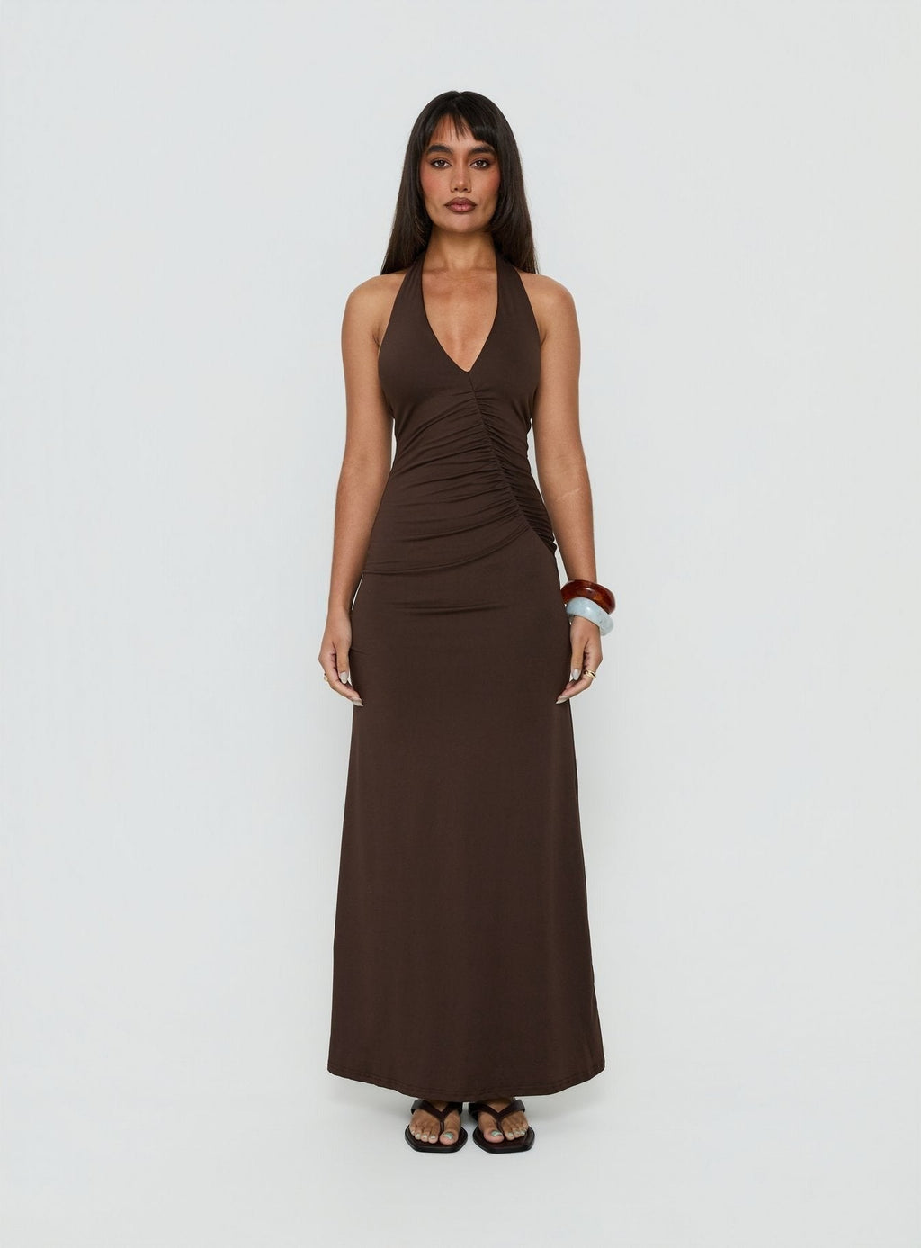 Cadira Ruched Halter Maxi Dress Chocolate