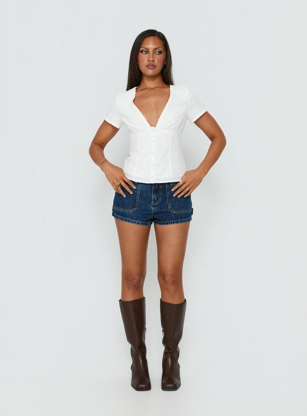 Small Fortune Lace Trim Short Sleeve Blouse Top White