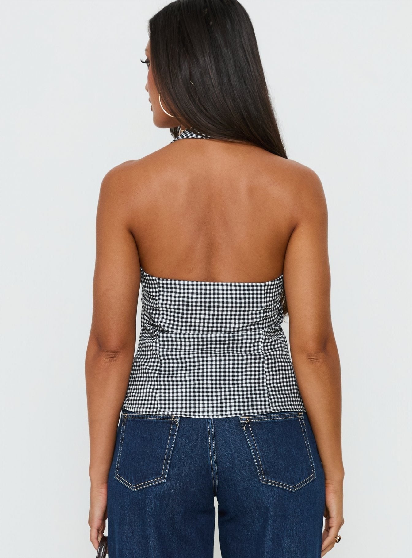 Puzzle Pieces Tie Detail Halter Top Black / White Gingham
