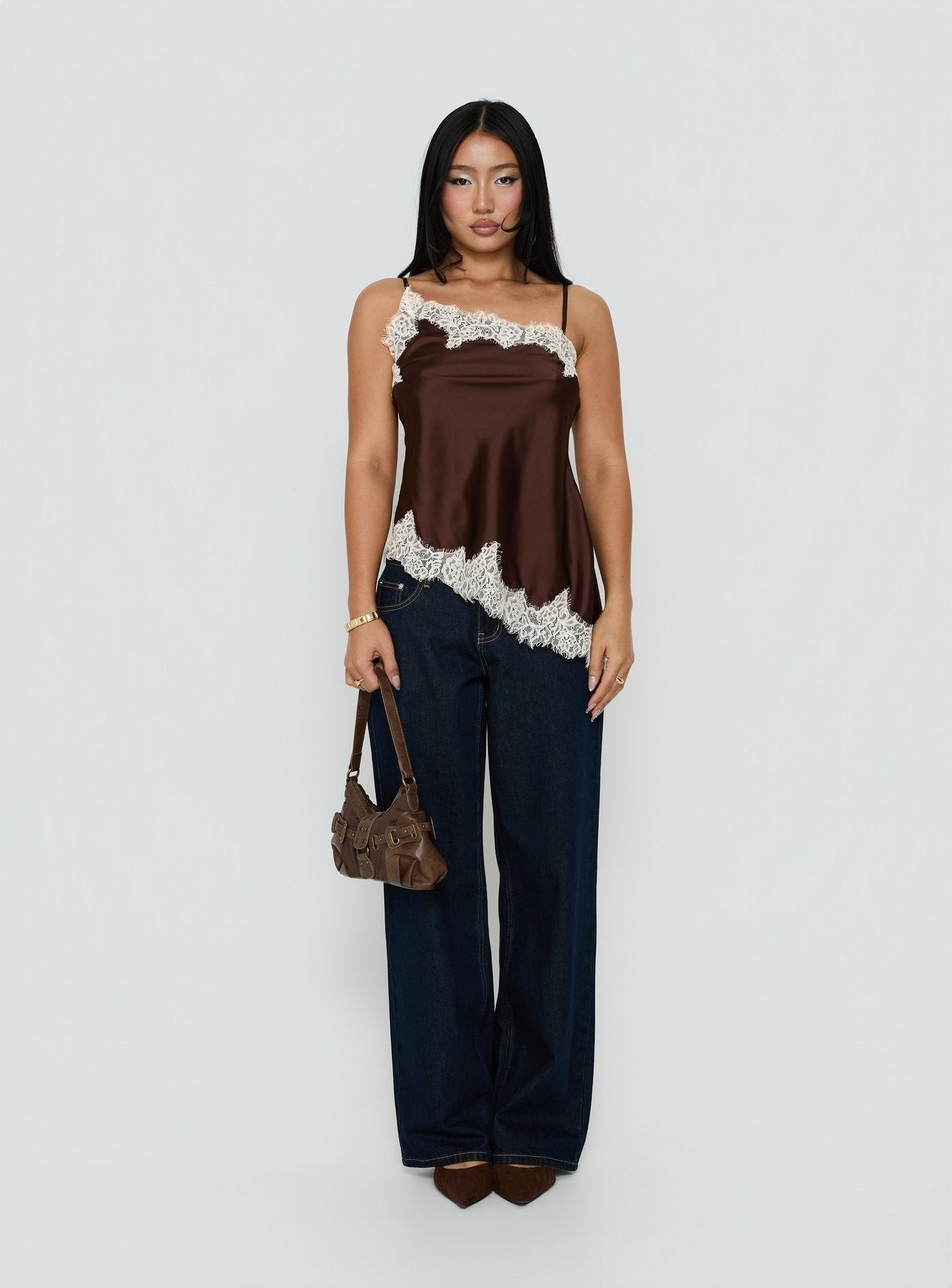 Winta Lace Trim Asymmetrical Satin Top Chocolate