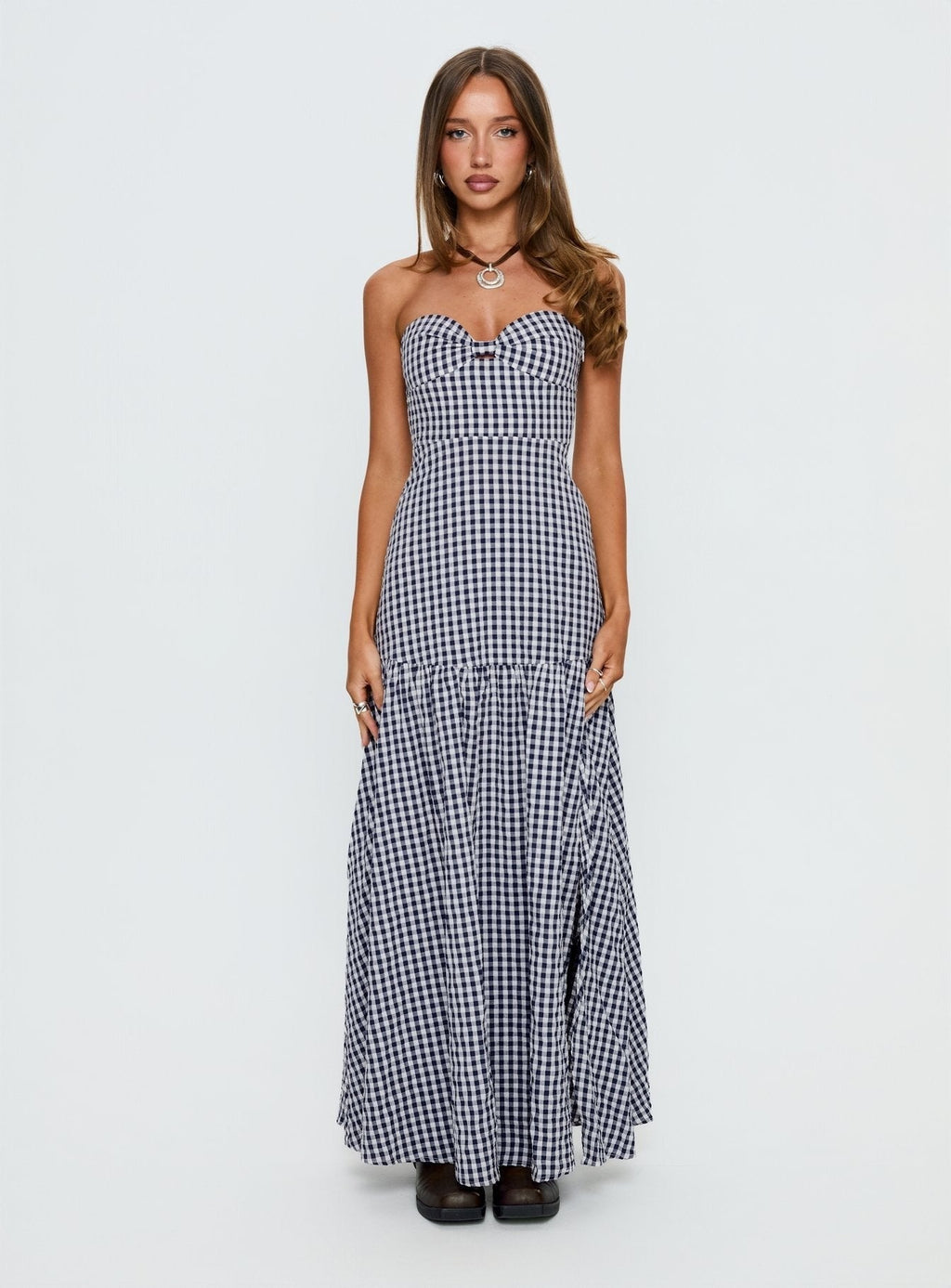 Luckystar Strapless Sweetheart Maxi Dress Navy Gingham