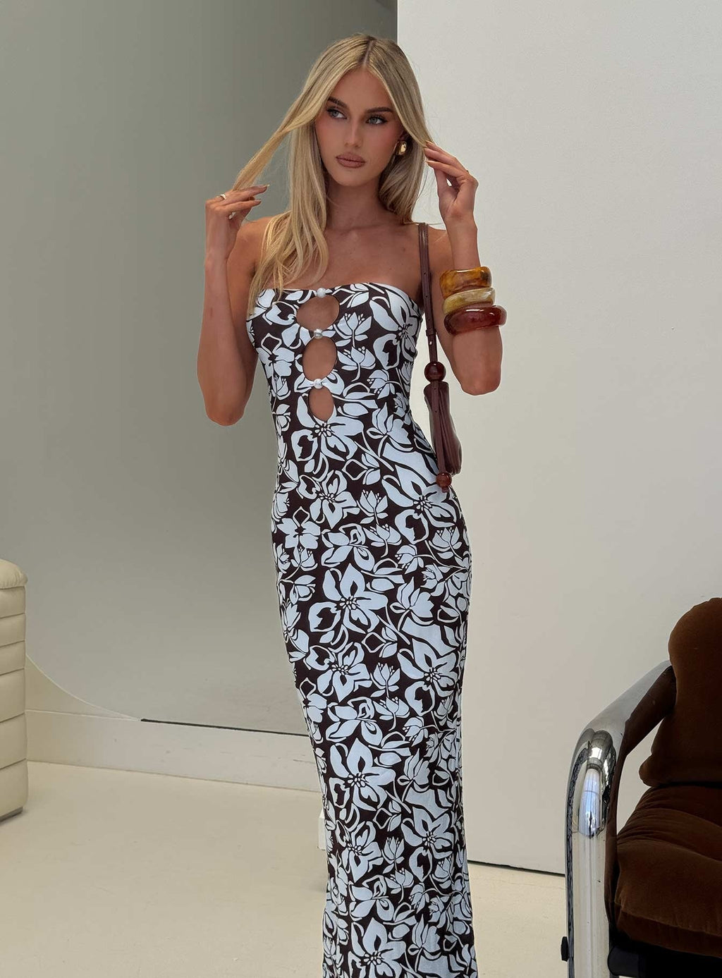 Saijana Strapless Maxi Dress Blue / Brown Floral
