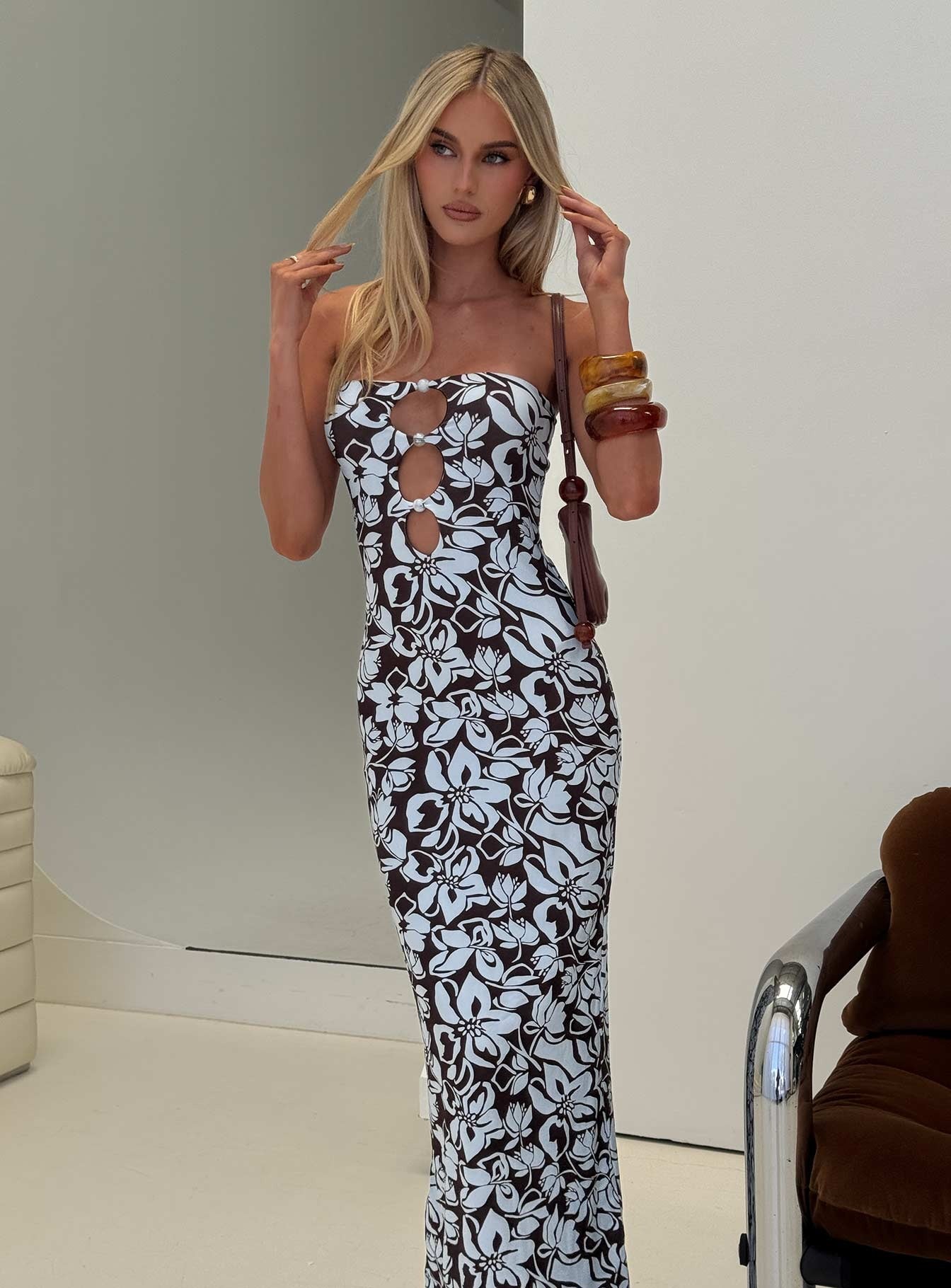 Saijana Strapless Maxi Dress Blue / Brown Floral
