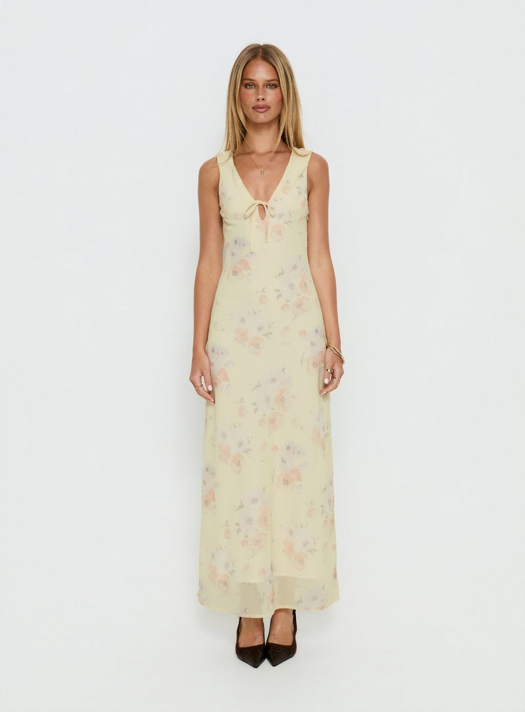 Joannah V Neck Midi Dress Yellow Floral
