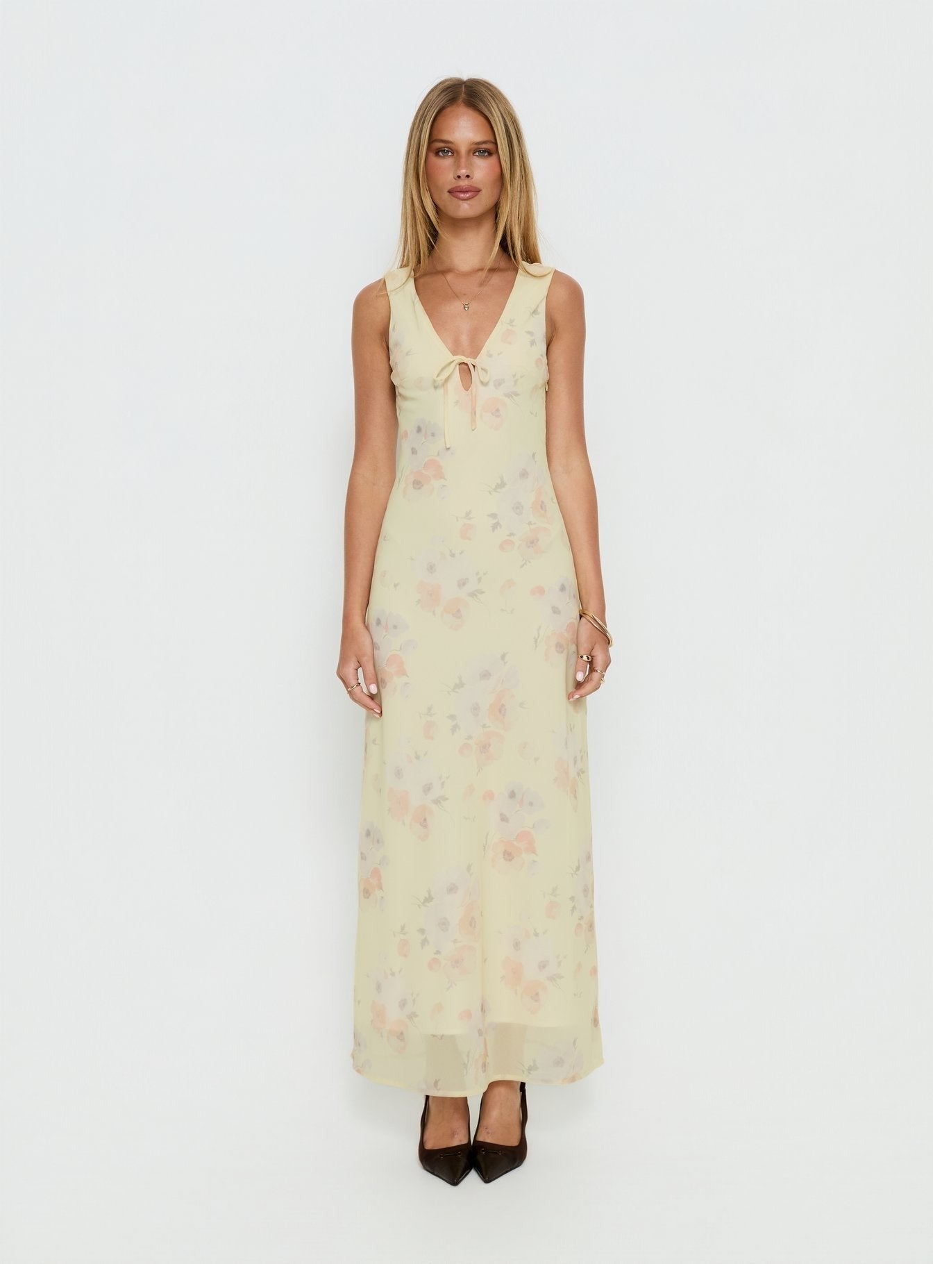 Joannah V Neck Midi Dress Yellow Floral