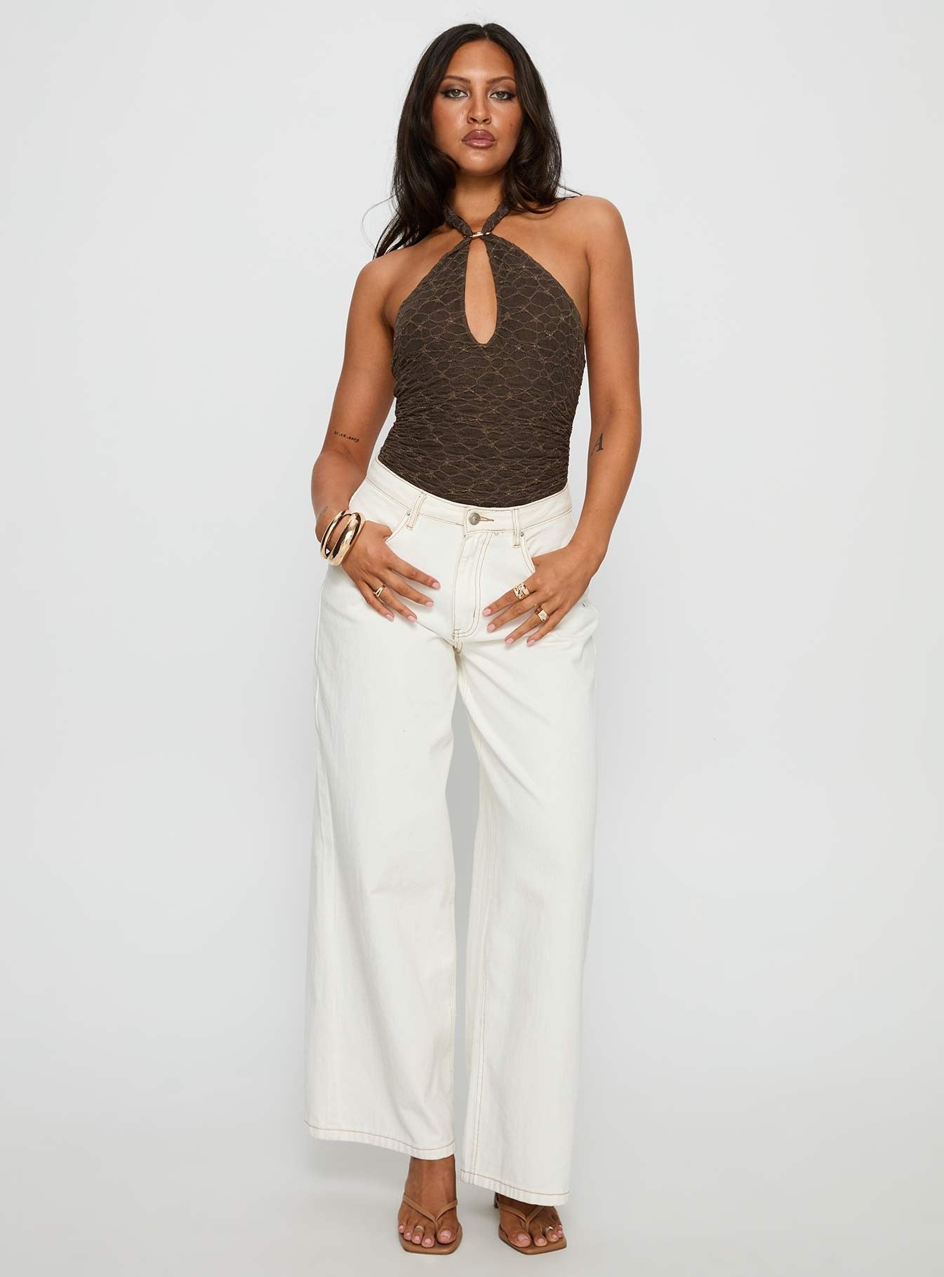 Libbey Hardware Detail Textured Bodysuit Brown