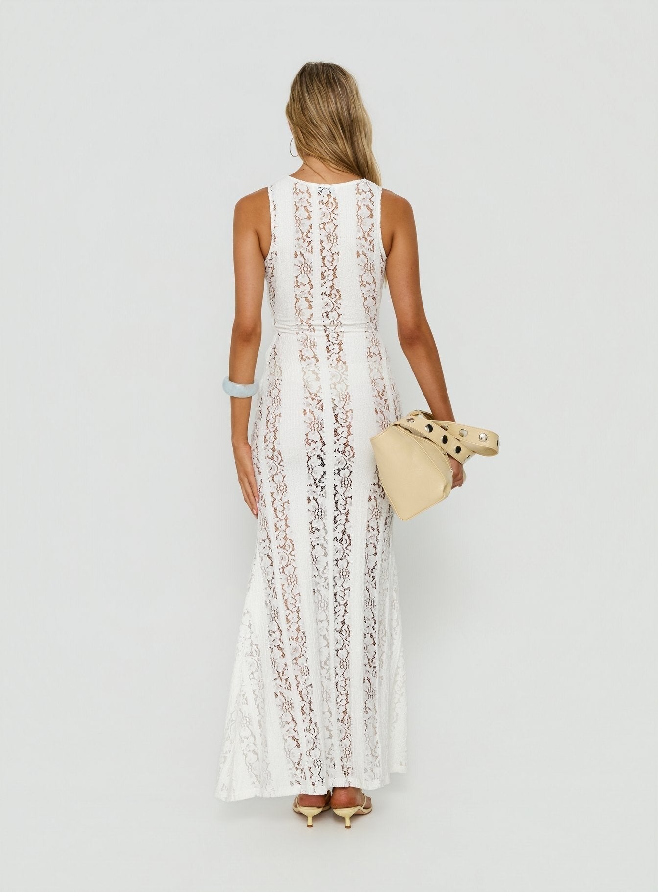 Laurenza Sheer Lace Maxi Dress Off White