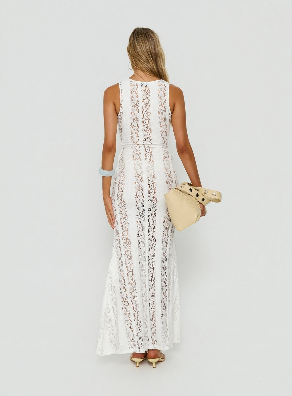 Laurenza Sheer Lace Maxi Dress Off White