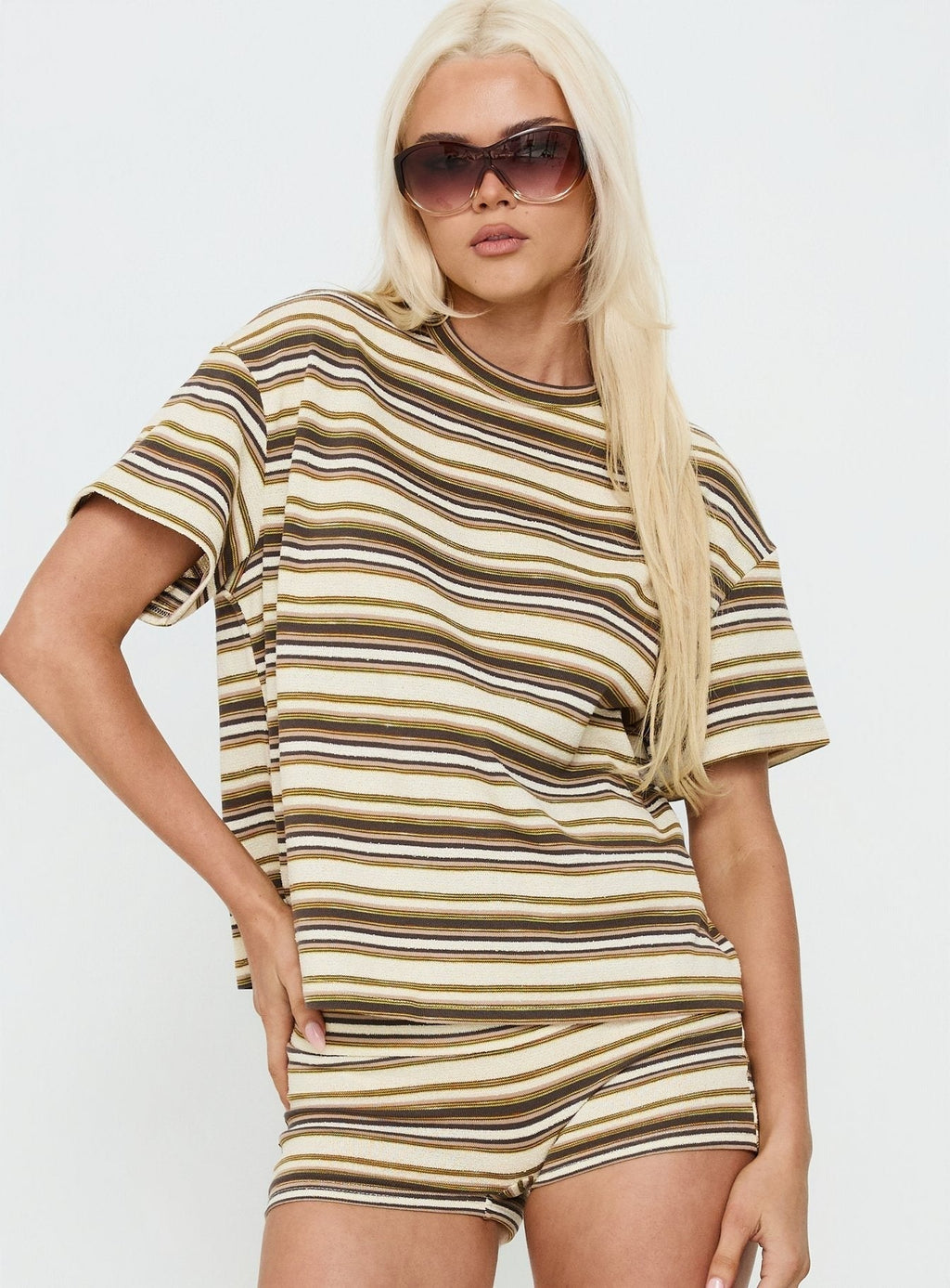 Rubez Terry Towelling Boxy Top Brown Stripe