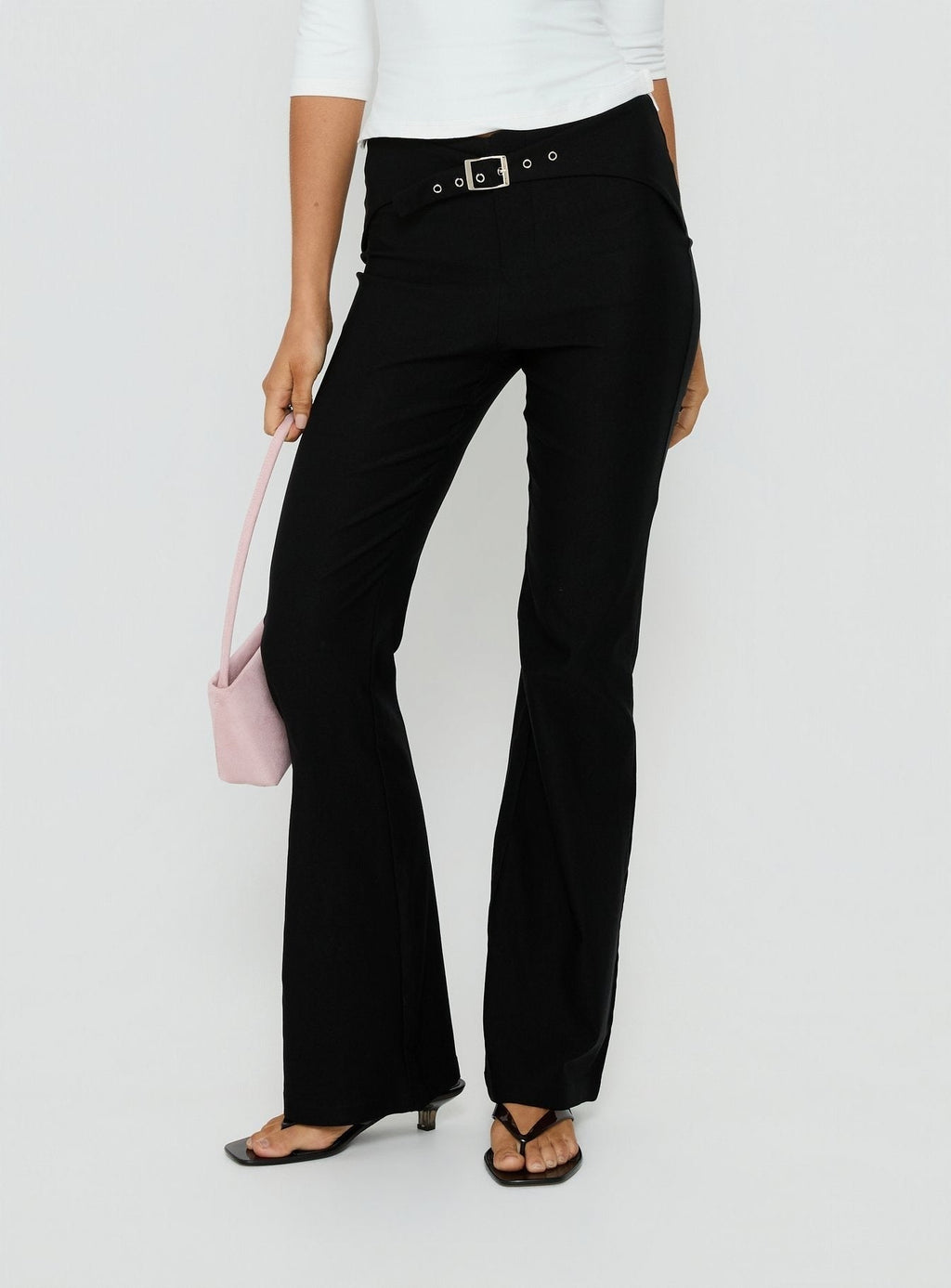 Viridian Belted Flared Pants Black