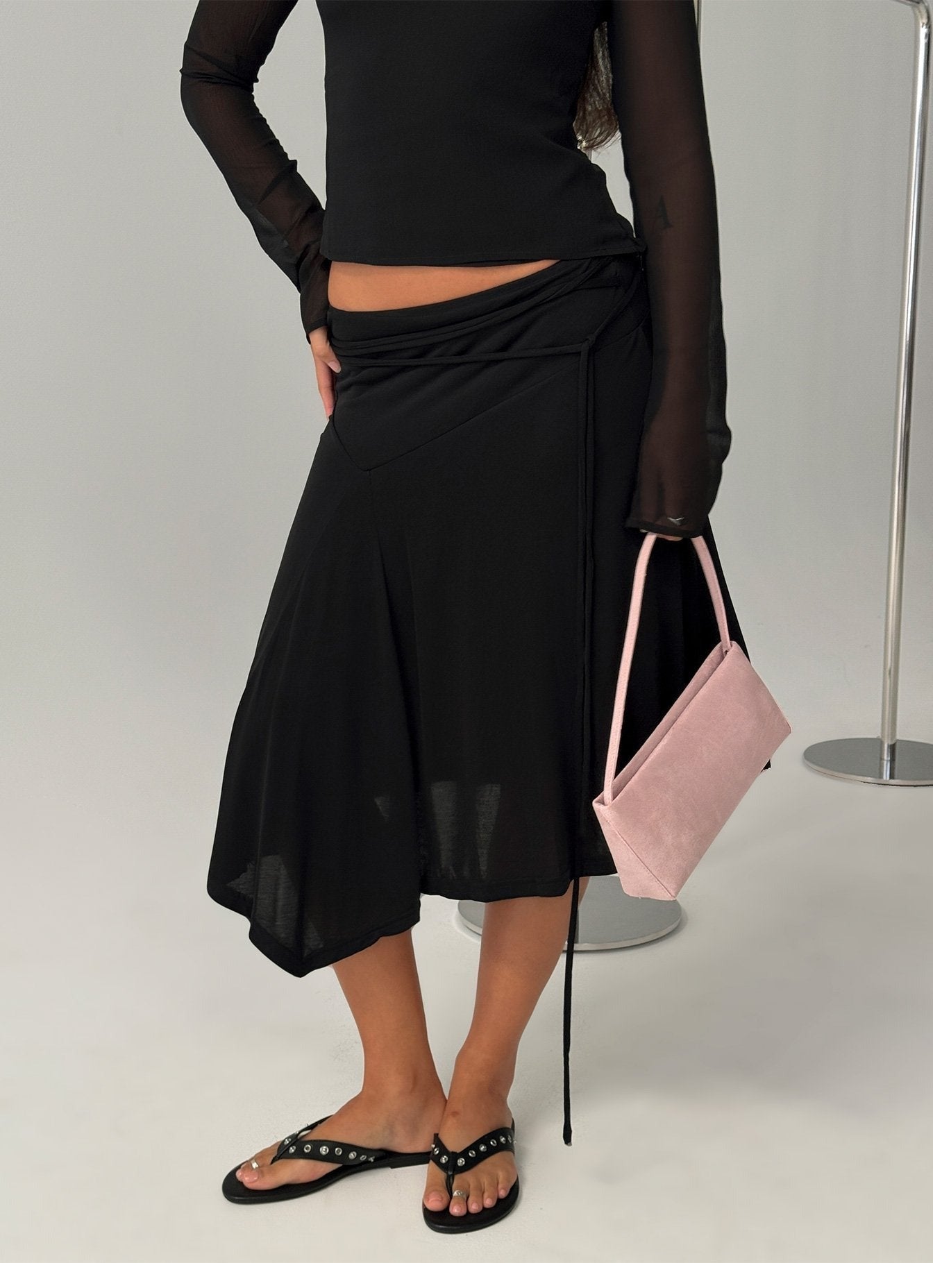 Joaney Tie Side Jersey Midi Skirt Black