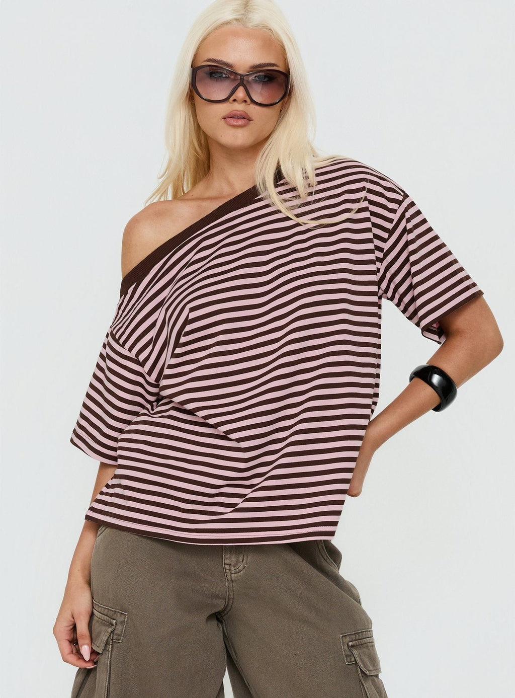 Settle Down One Shoulder Top Pink / Chocolate Stripe