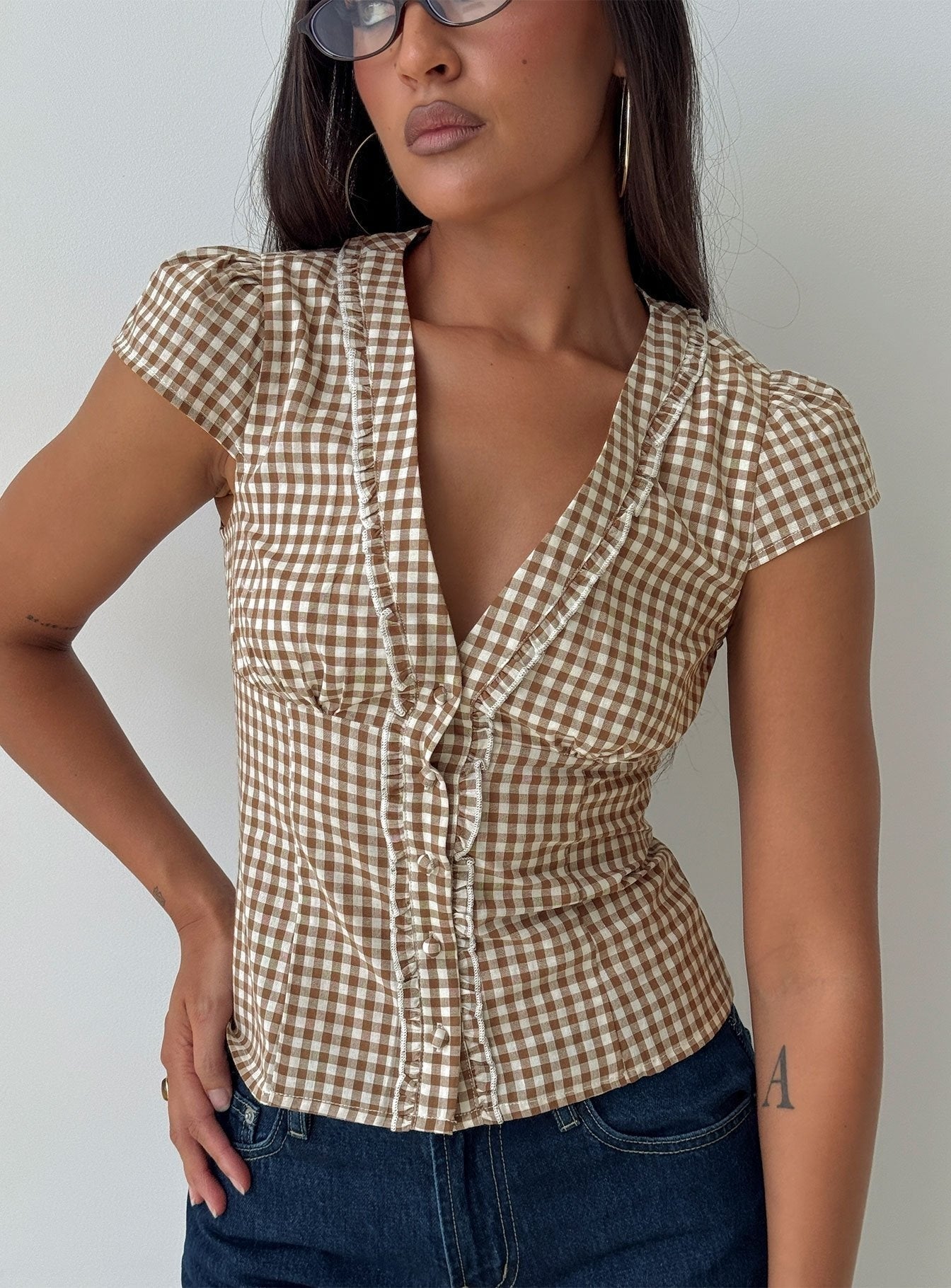 Bradlie Frill Detail Short Sleeve Blouse Top Chocolate Gingham