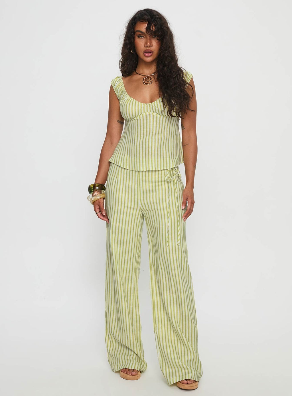 With Pleasure Tie Side Pant Green / Blue Stripe