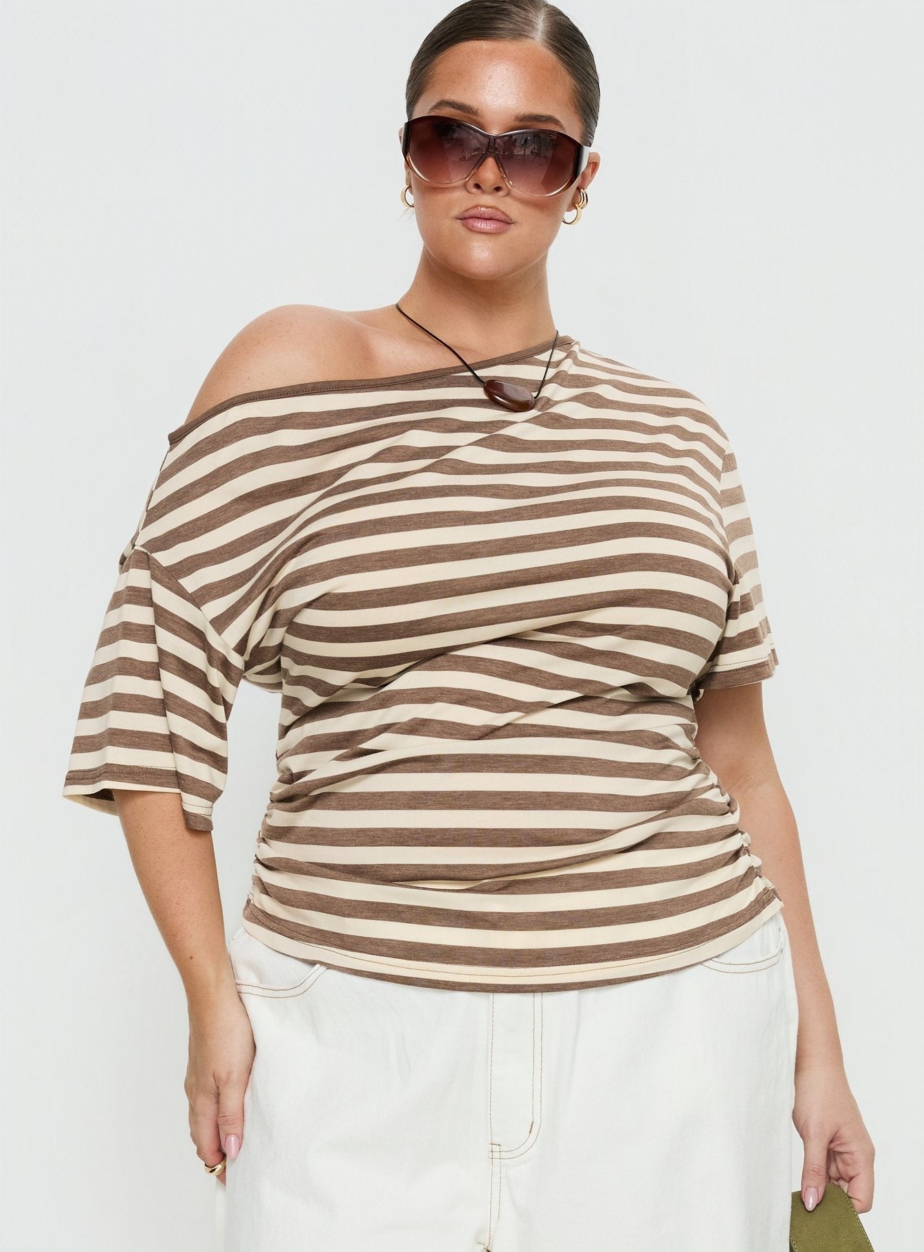 Emlynn Off Shoulder Top Brown Stripe Curve