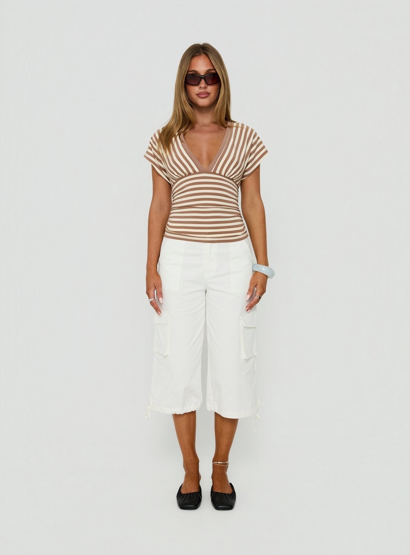 Eleanorre Batwing V Neck Top Brown Stripe