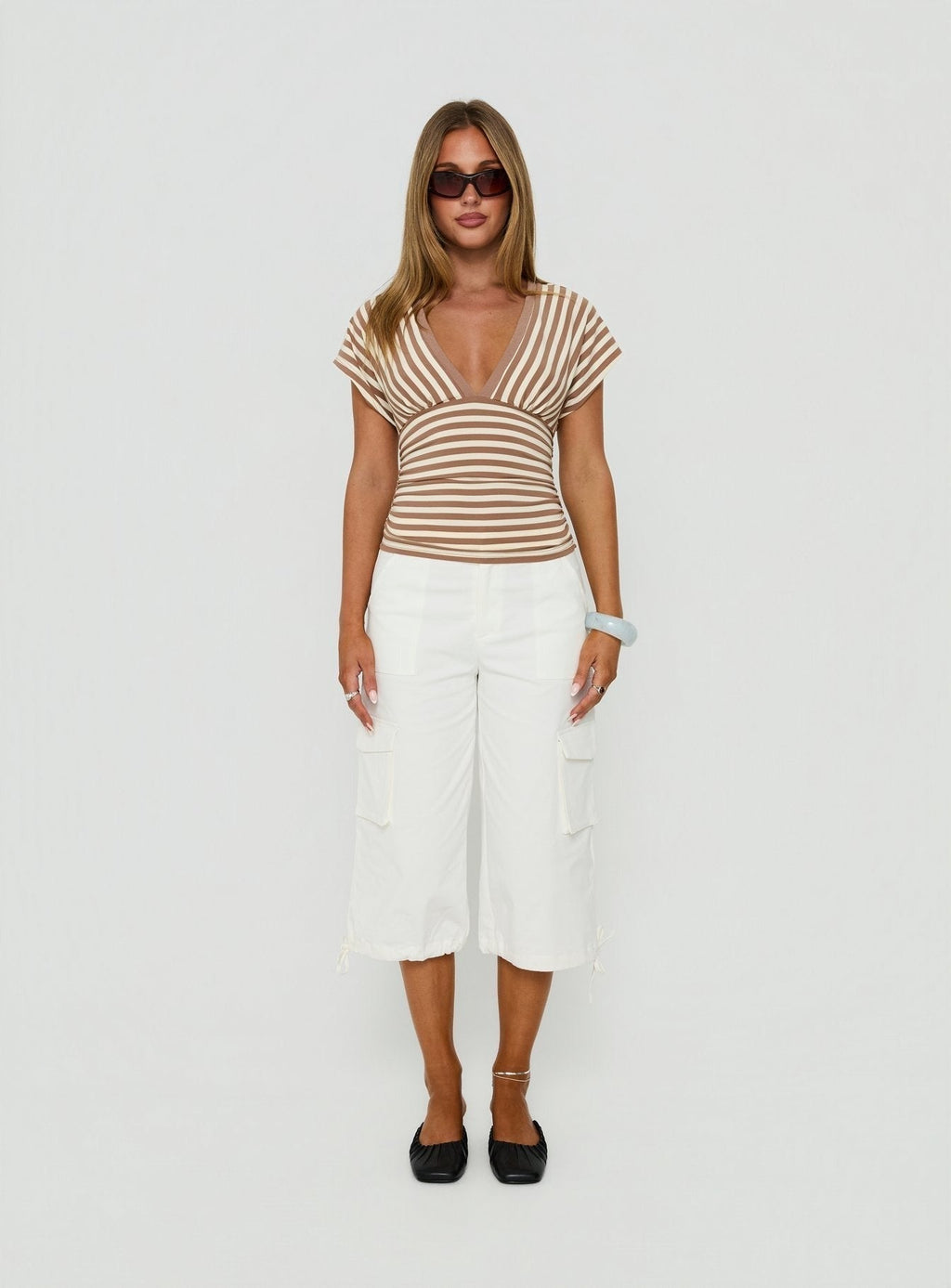 Eleanorre Batwing V Neck Top Brown Stripe