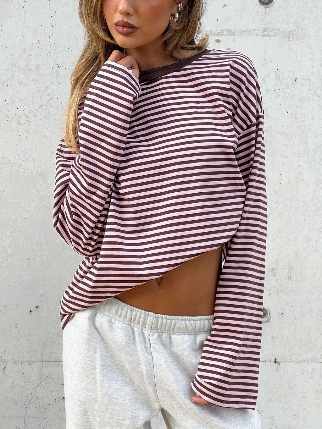 Settle Down Long Sleeve Top Pink / Brown Stripe