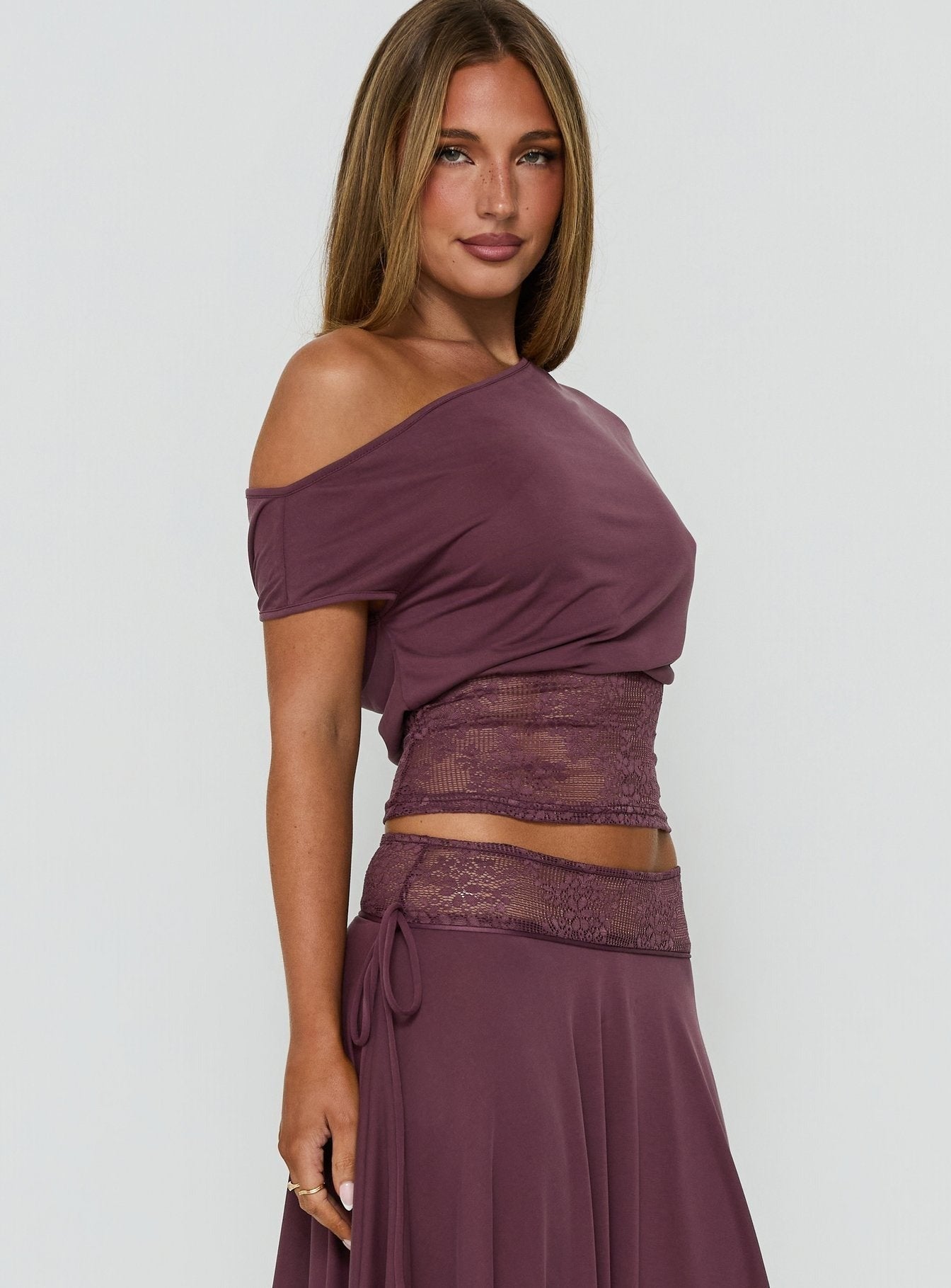 Marienna One Shoulder Lace Top Plum