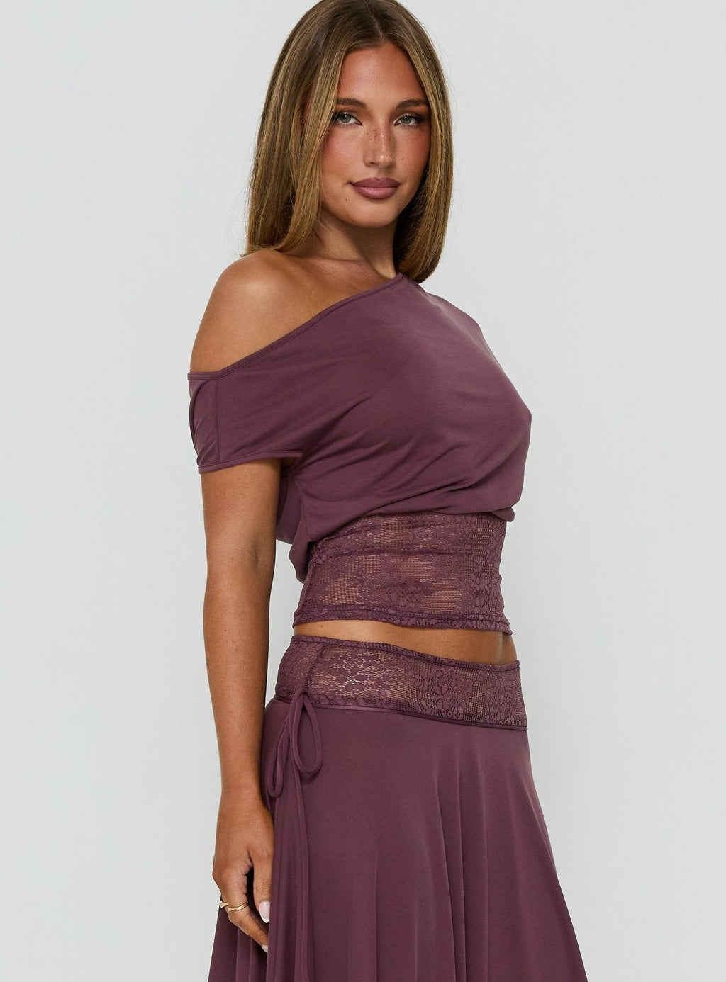 Marienna One Shoulder Lace Top Plum