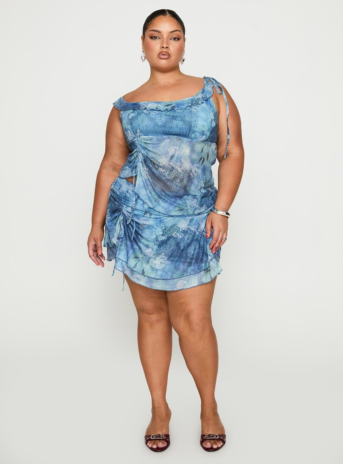 Rosee Off Shoulder Frill Top Blue Mutli Curve