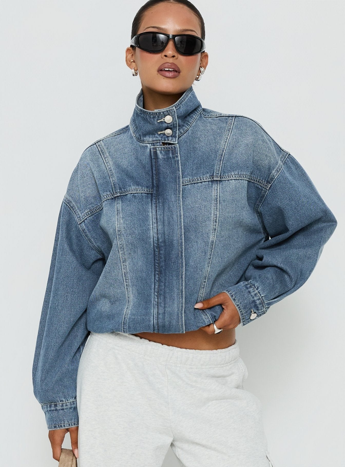 Alfea Funnel Neck Denim Bomber Jacket Mid Blue Wash