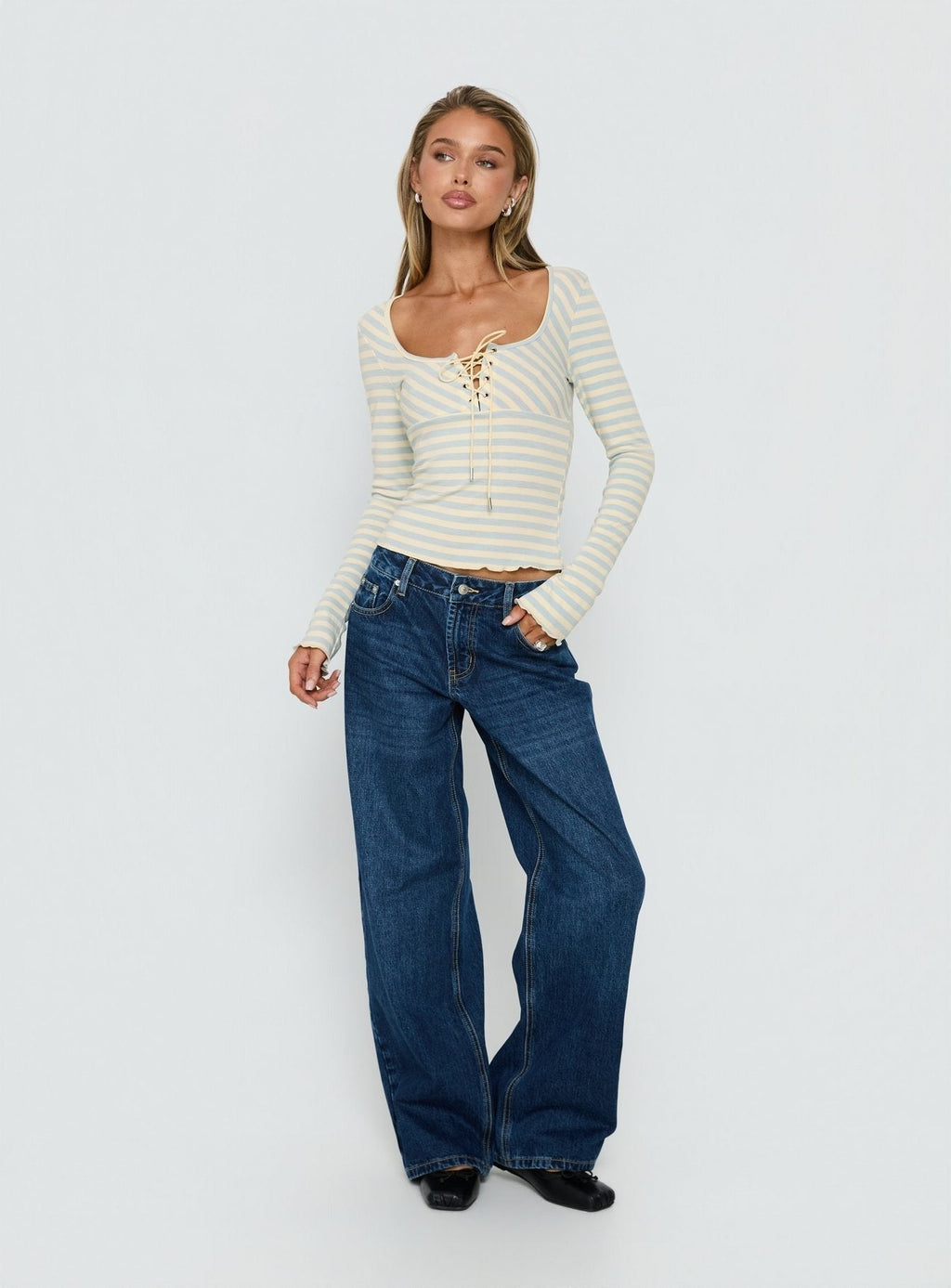 Jacenda Tie Up Long Sleeve Top Blue Stripe