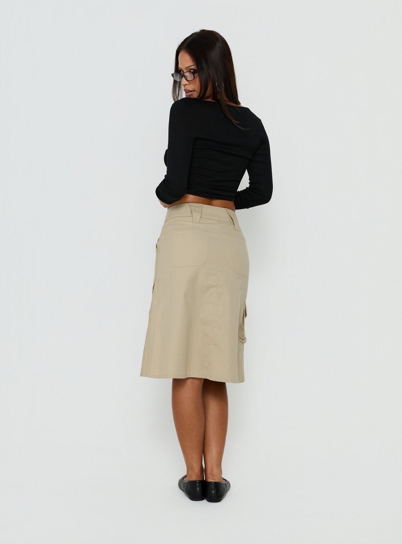 Rovie Twill Cargo Midi Skirt Latte