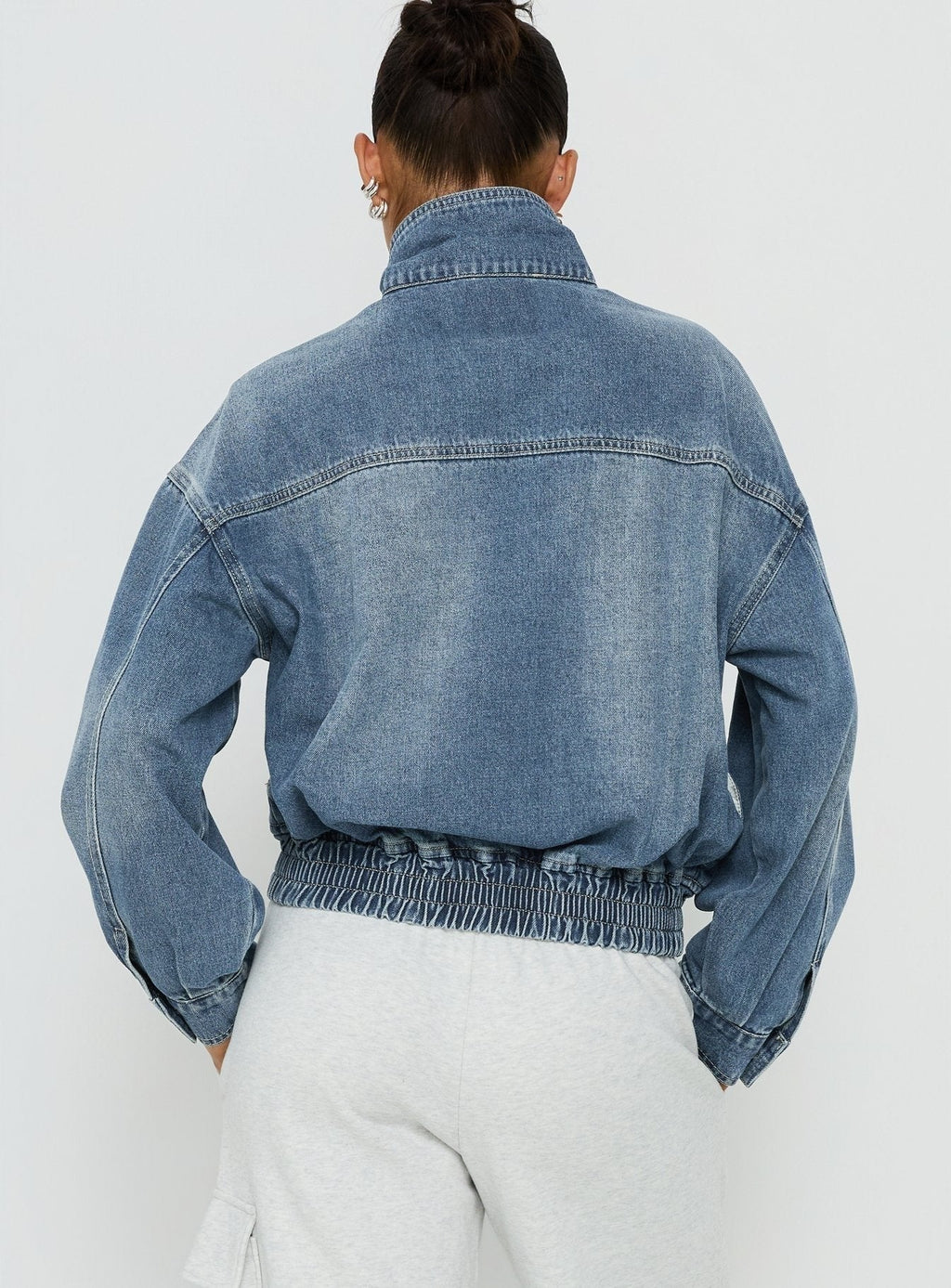 Alfea Funnel Neck Denim Bomber Jacket Mid Blue Wash